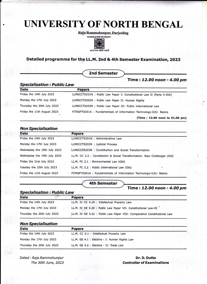 LL.M July, 2023 Examination Schedule