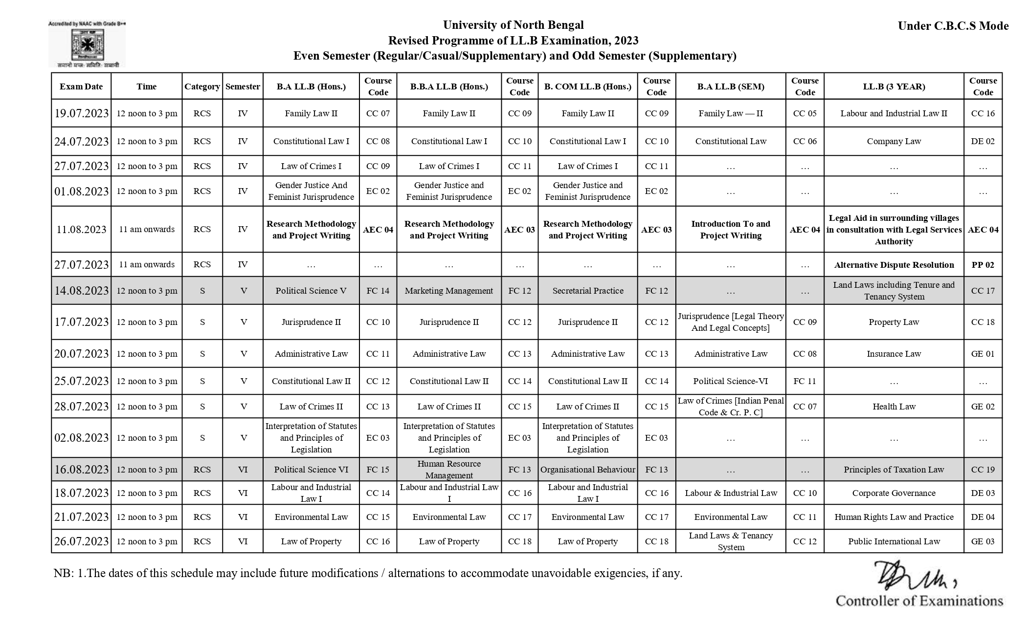 Revised Examination Schedule July 2023 (CBCS) Page 2
