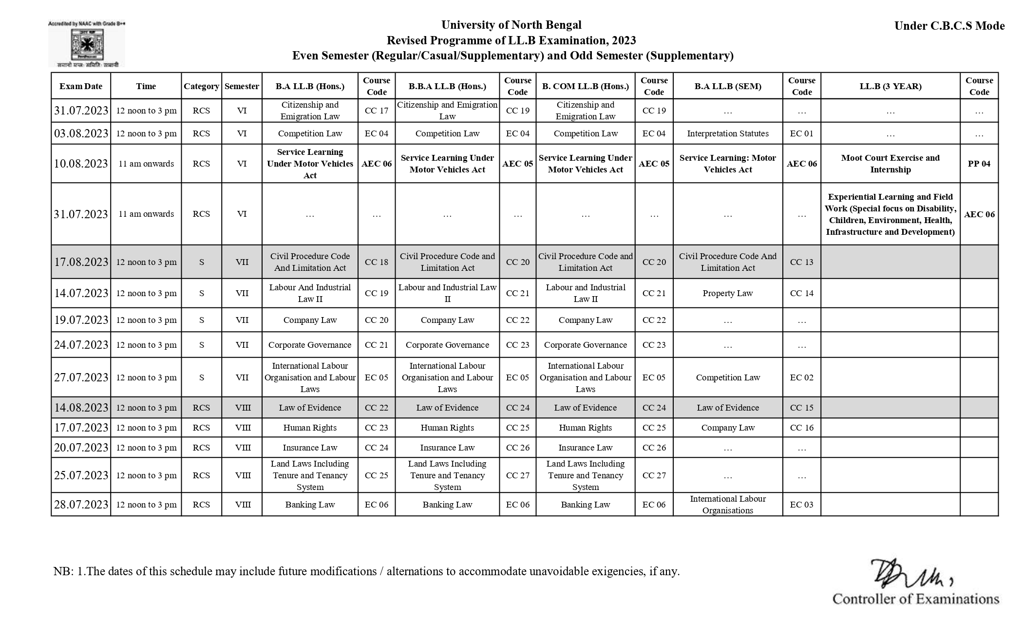 Revised Examination Schedule July 2023 (CBCS) Page 3