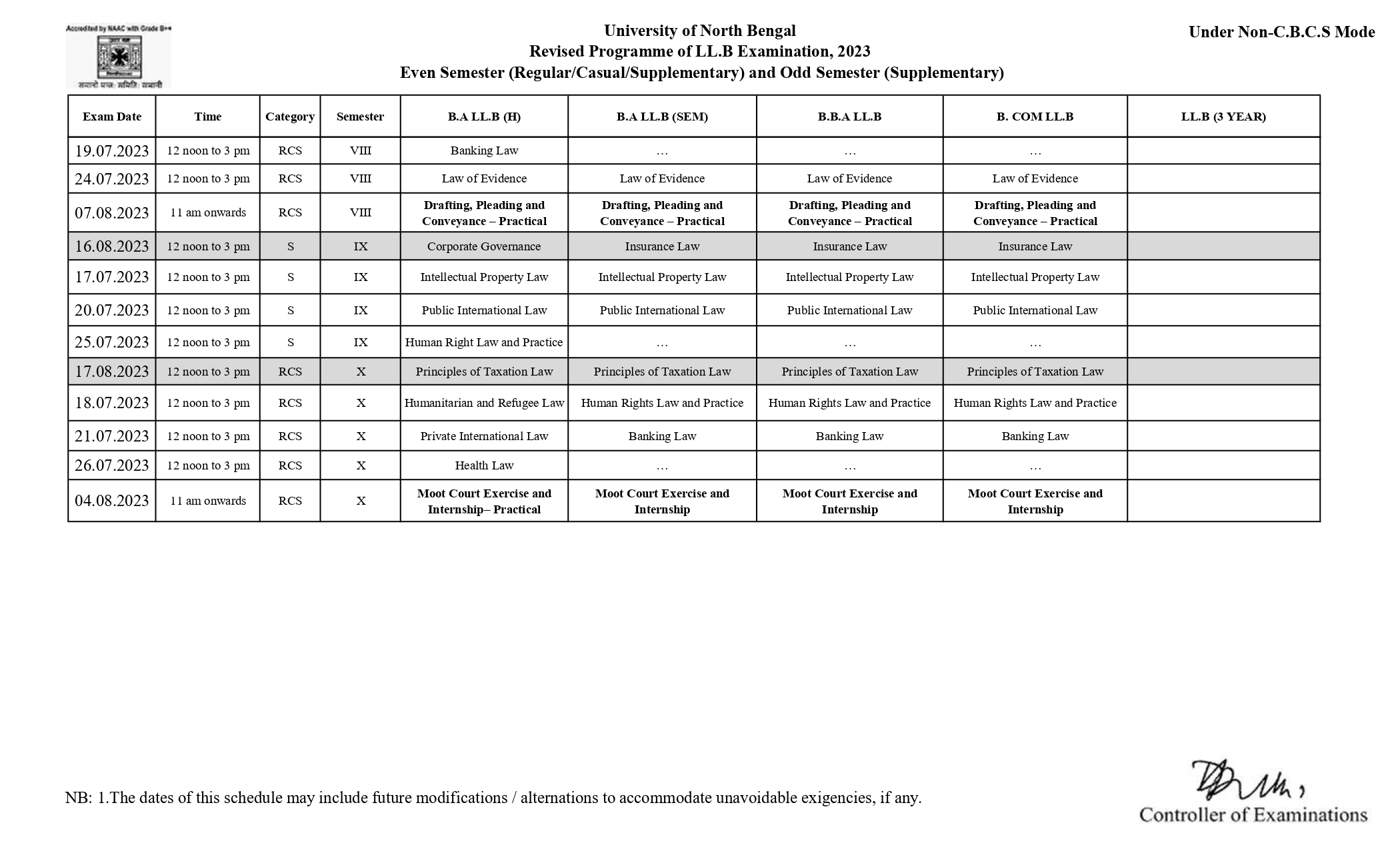 Revised Examination Schedule July 2023 (Non-CBCS) Page 2