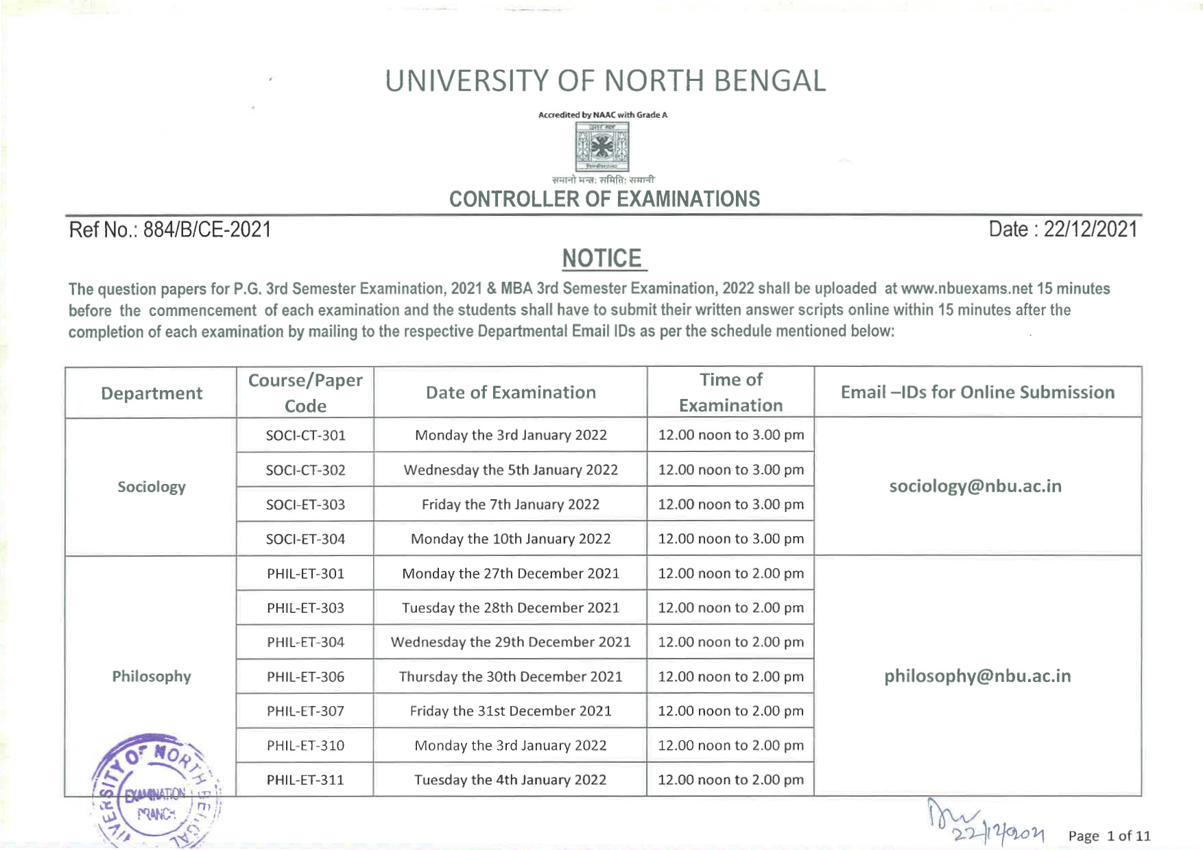 EXAM SCHEDULE FOR LL.M SEMESTER III (PAGE 1)