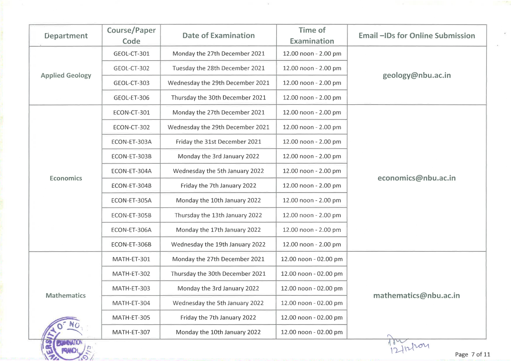 EXAM SCHEDULE FOR LL.M SEMESTER III (PAGE 7)