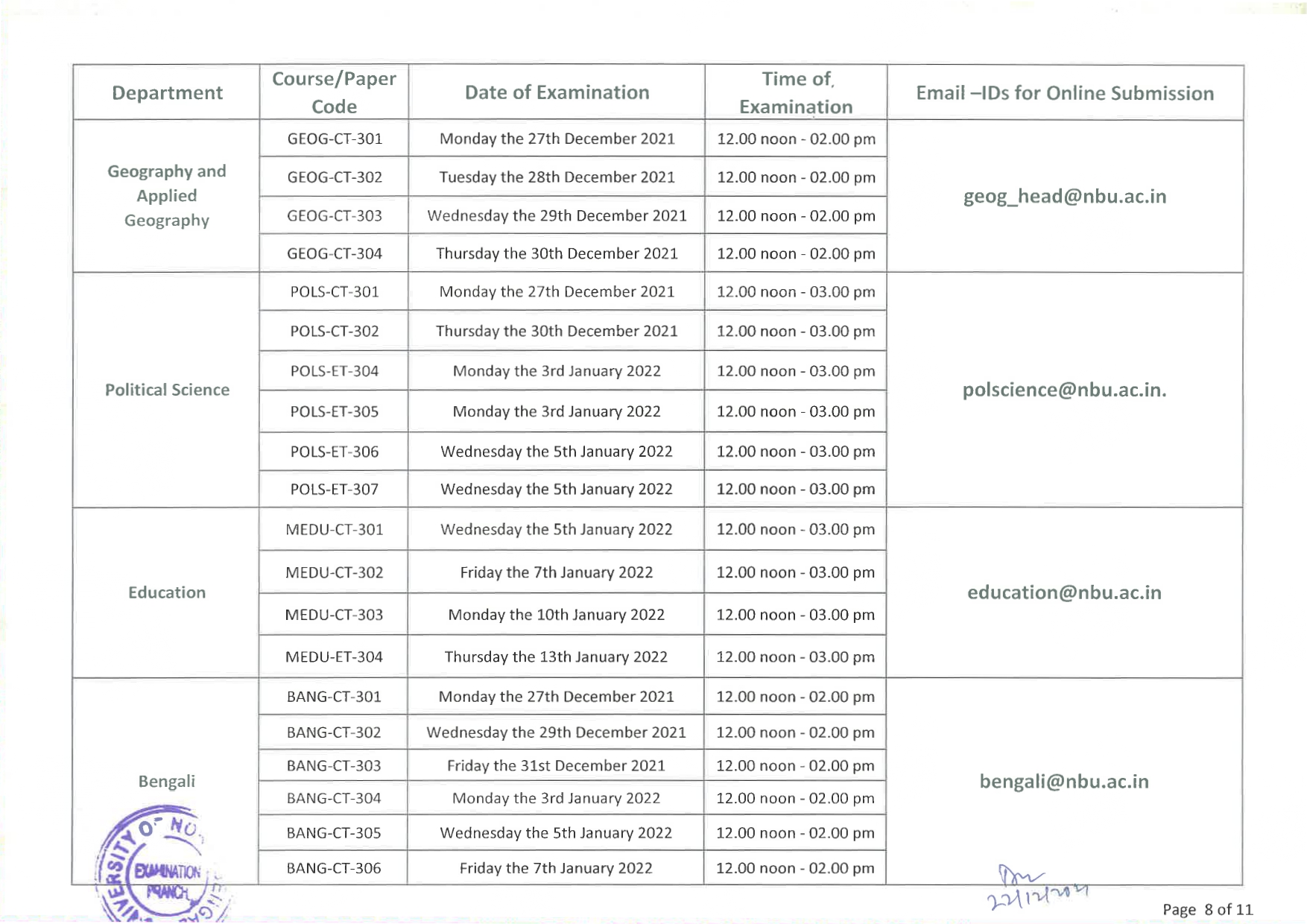 EXAM SCHEDULE FOR LL.M SEMESTER III (PAGE 8)