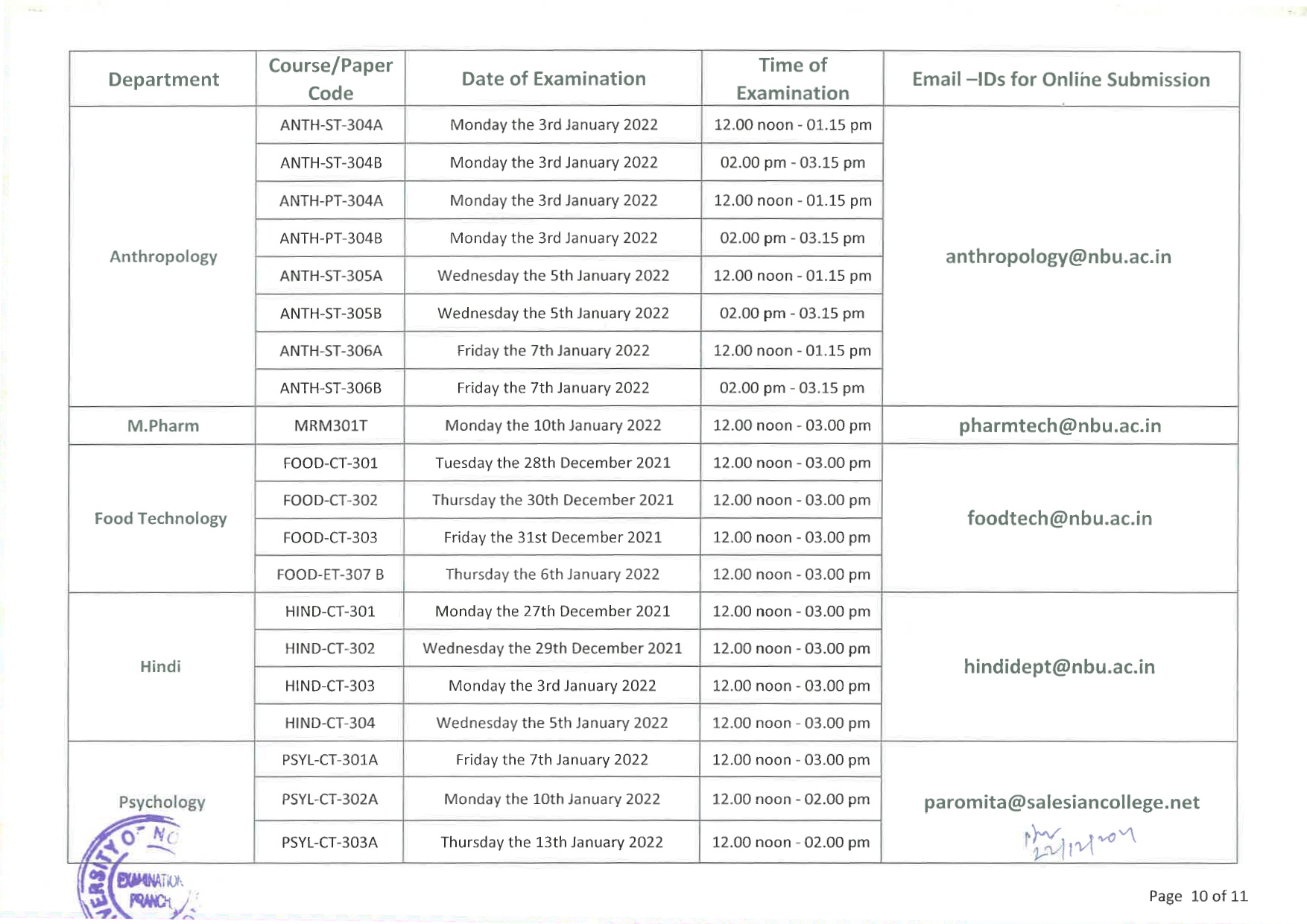 EXAM SCHEDULE FOR LL.M SEMESTER III (PAGE 10)