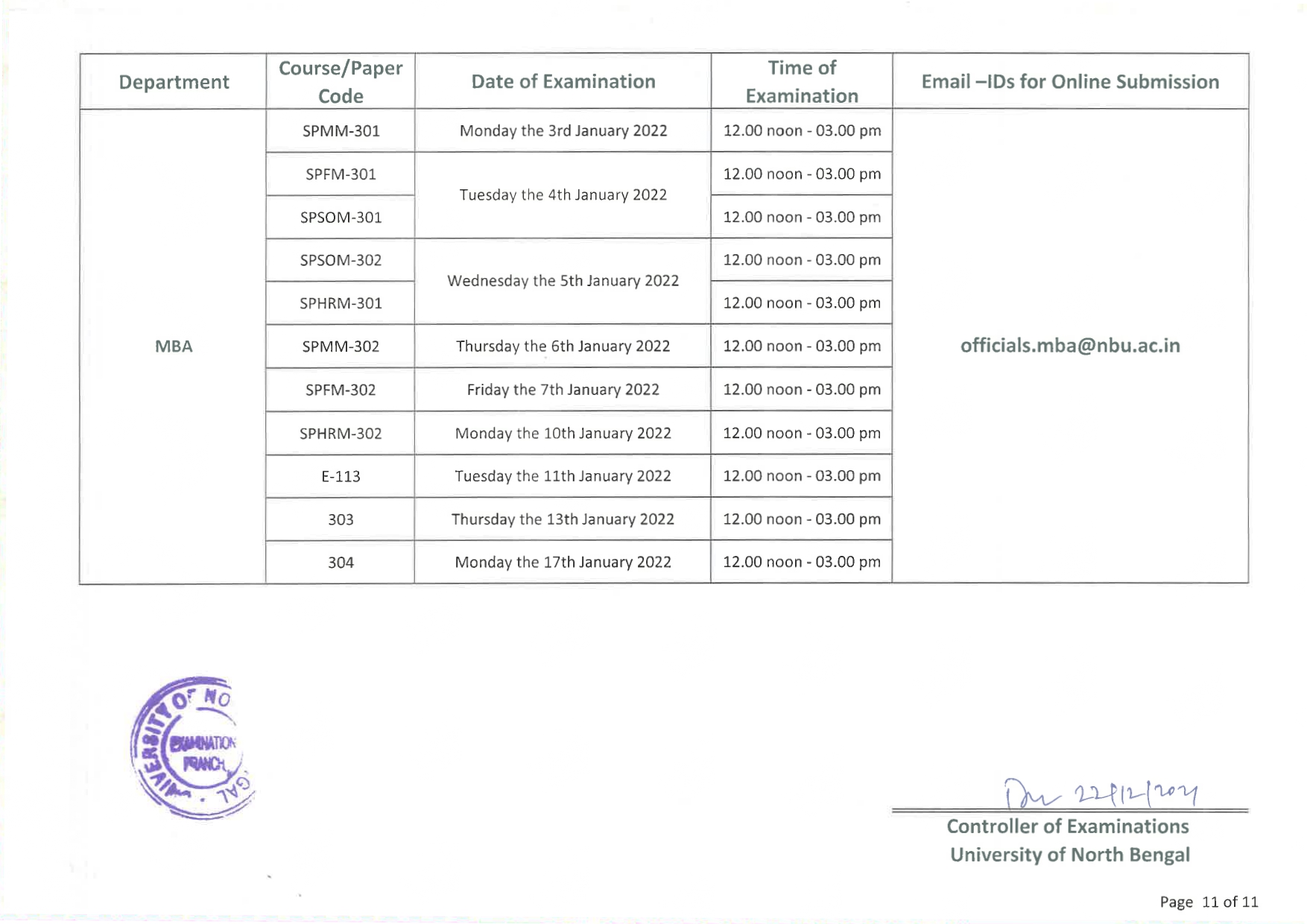 EXAM SCHEDULE FOR LL.M SEMESTER III (PAGE 11)