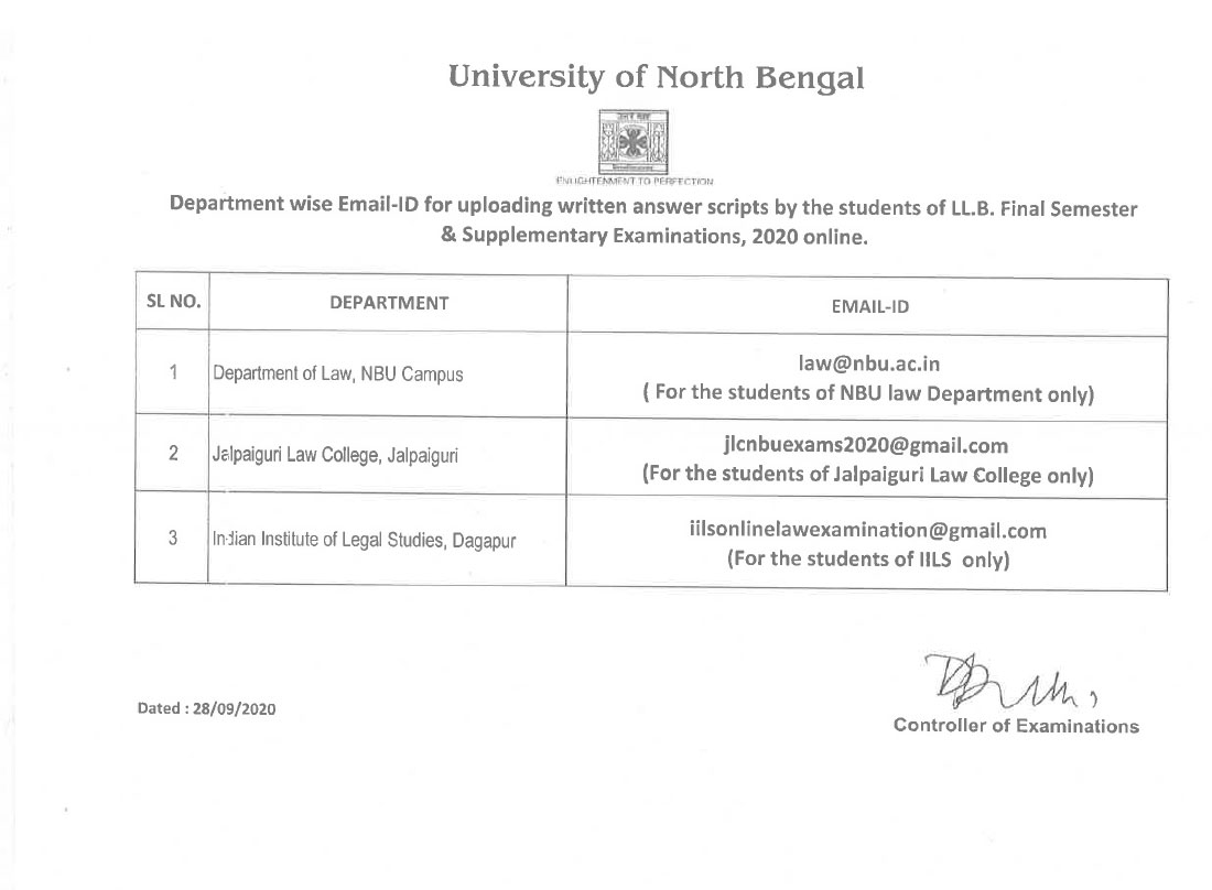 Email ID for submission of Answer Scripts through online mode