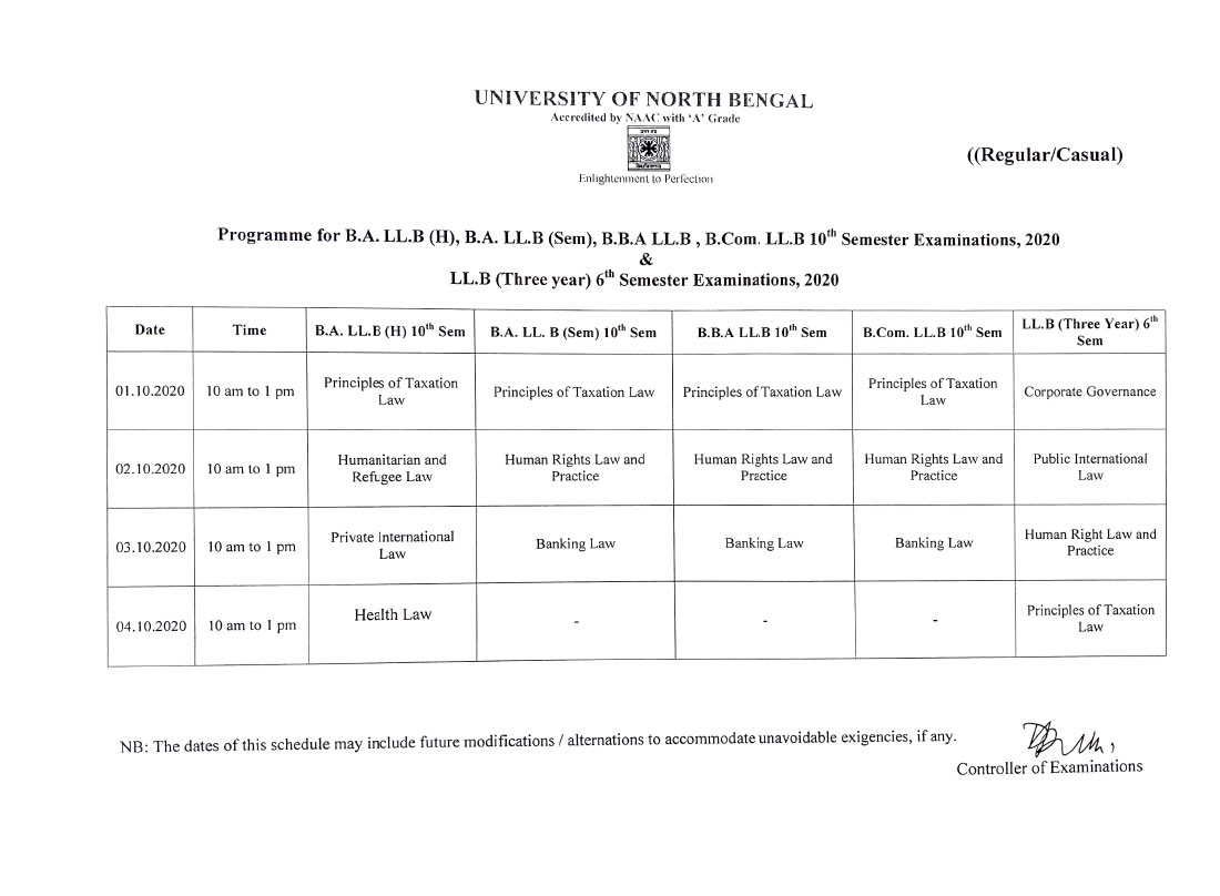 Exam Schedule for Final Year Regular Candidates