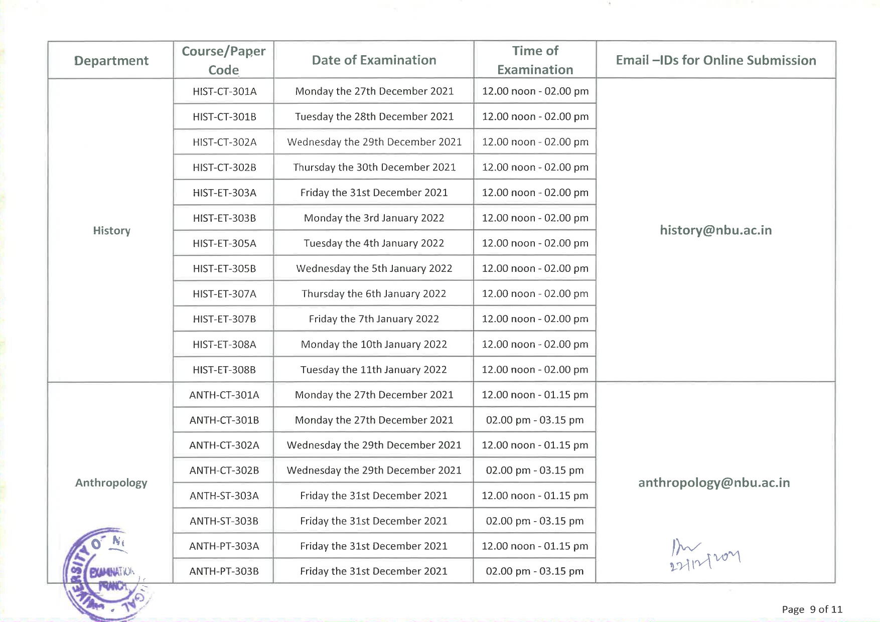 EXAM SCHEDULE FOR LL.M SEMESTER III (PAGE 9)