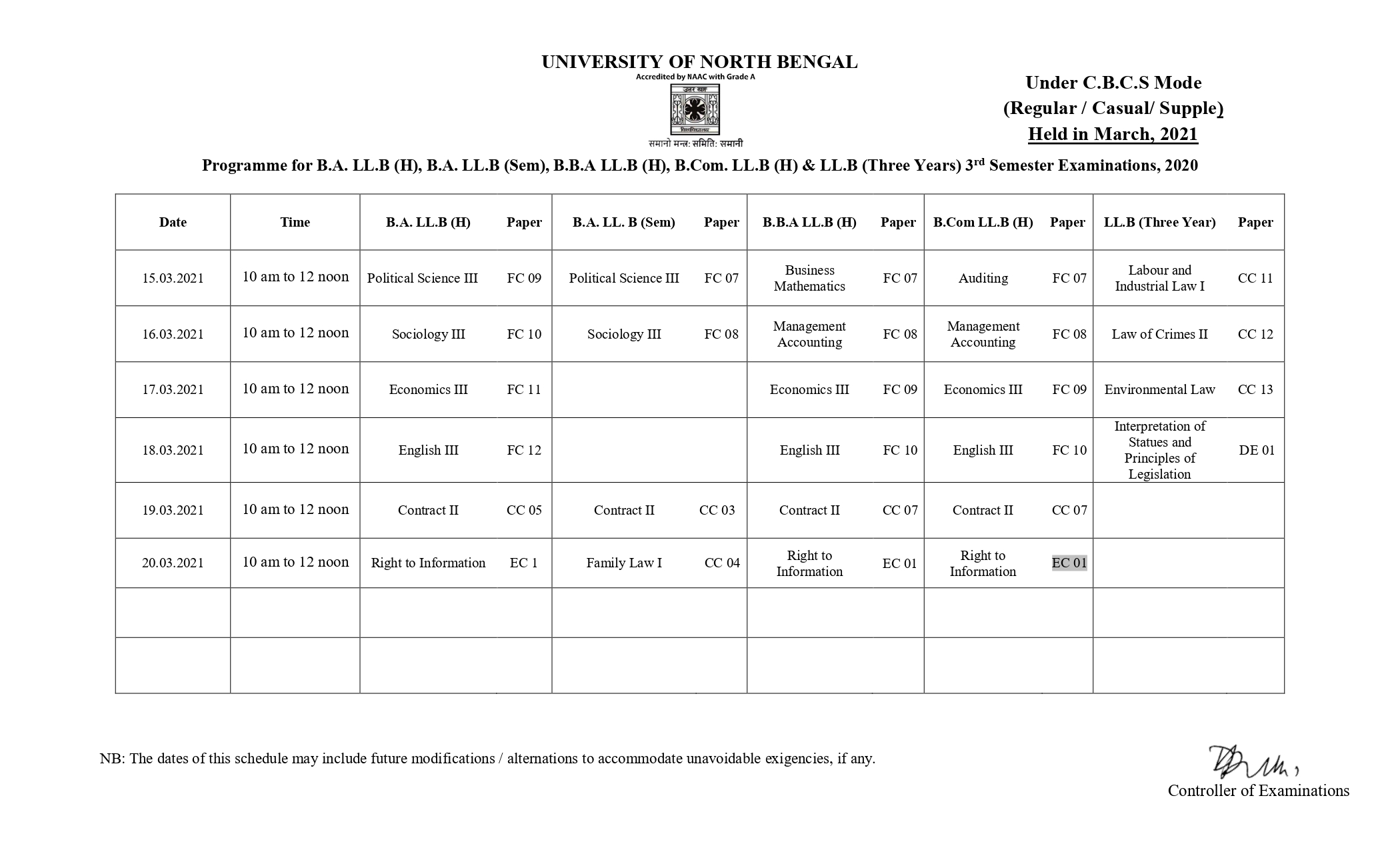 EXAMINATION (MARCH-21) SCHEDULE CBCS MODE SEMESTER-III