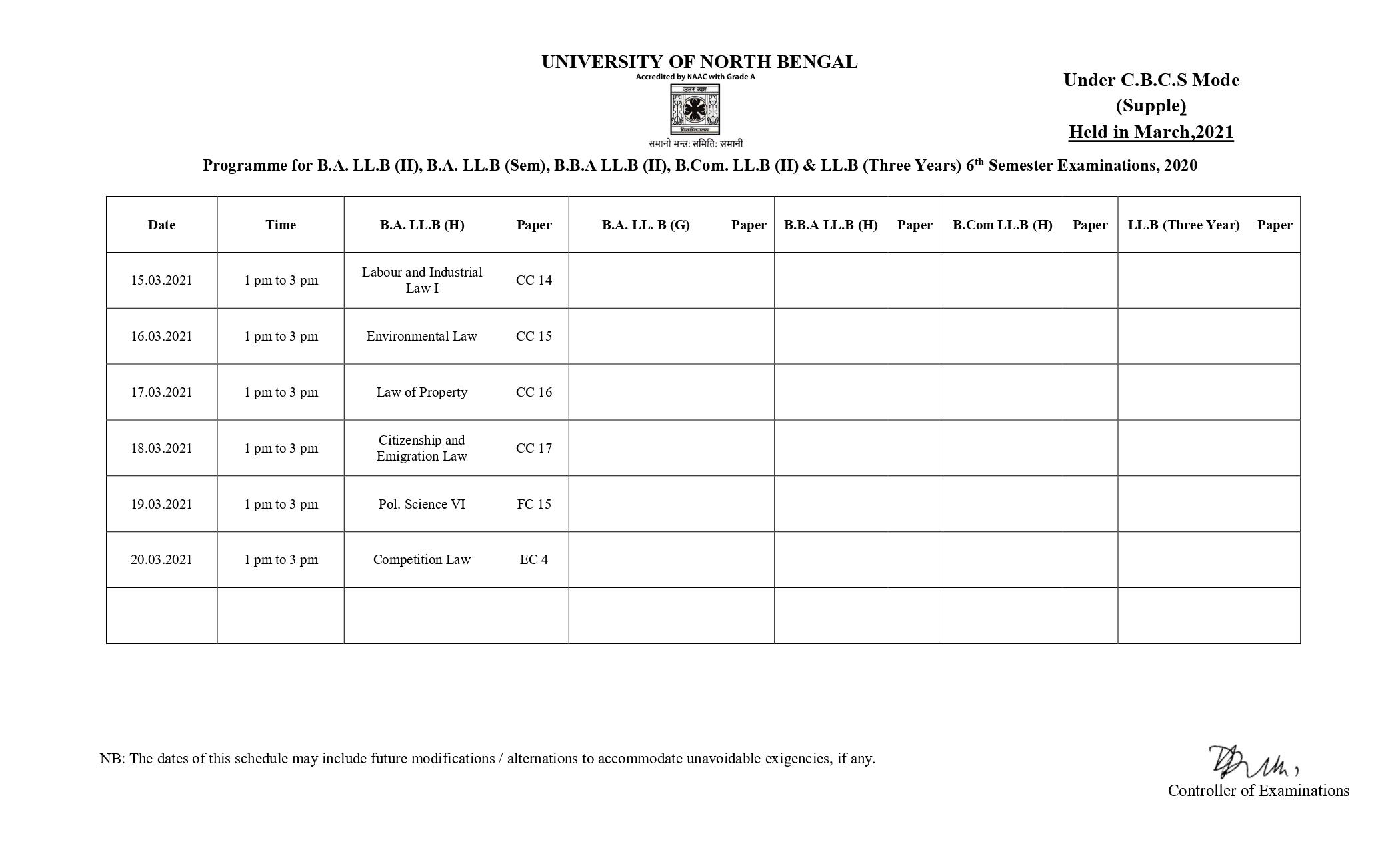 EXAMINATION (MARCH-21) SCHEDULE CBCS MODE SEMESTER-VI