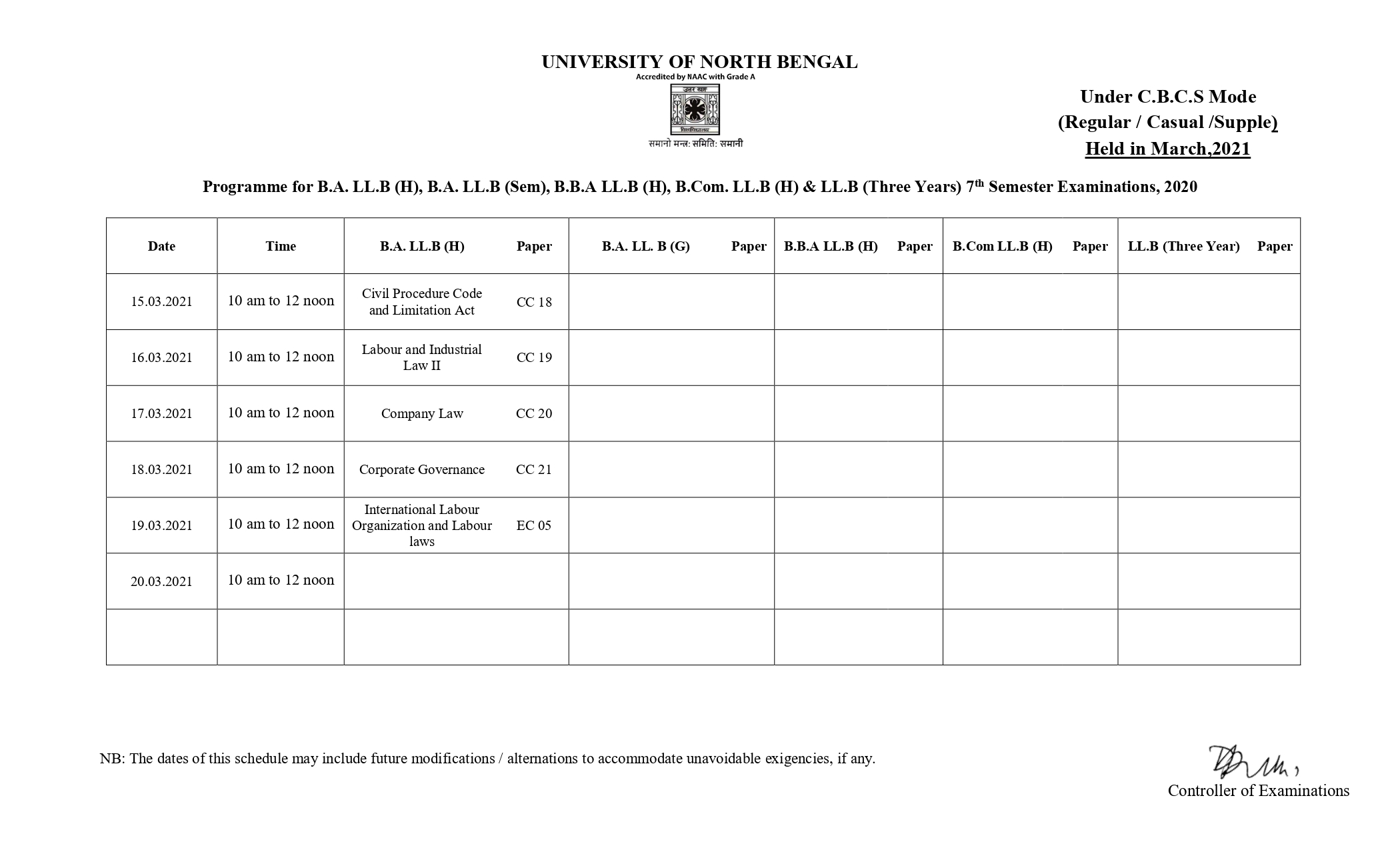 EXAMINATION (MARCH-21) SCHEDULE CBCS MODE SEMESTER-VII