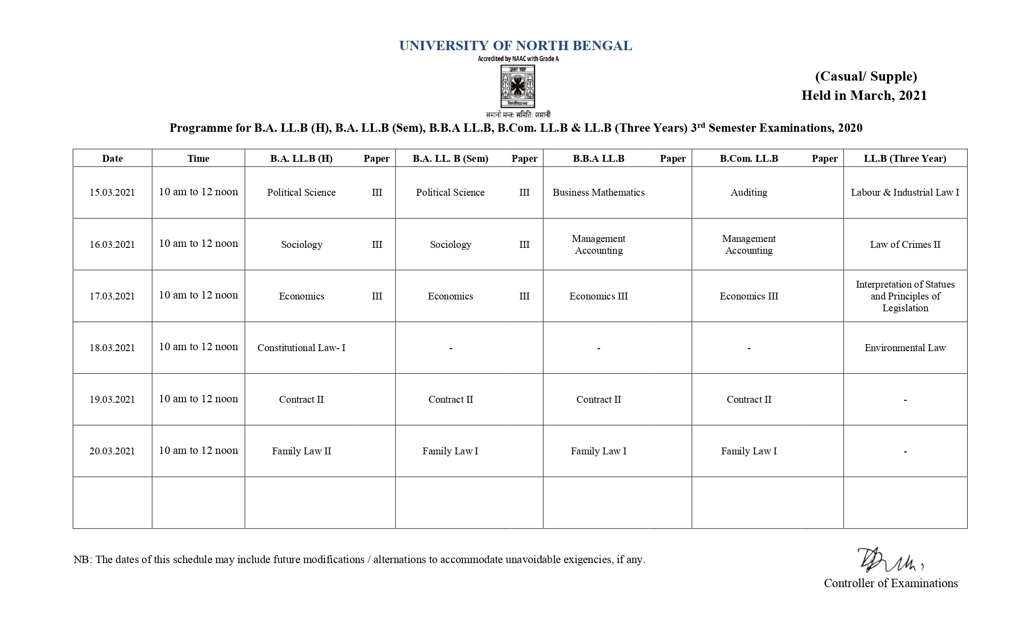 EXAMINATION (MARCH-21) SCHEDULE NON-CBCS MODE SEMESTER-III