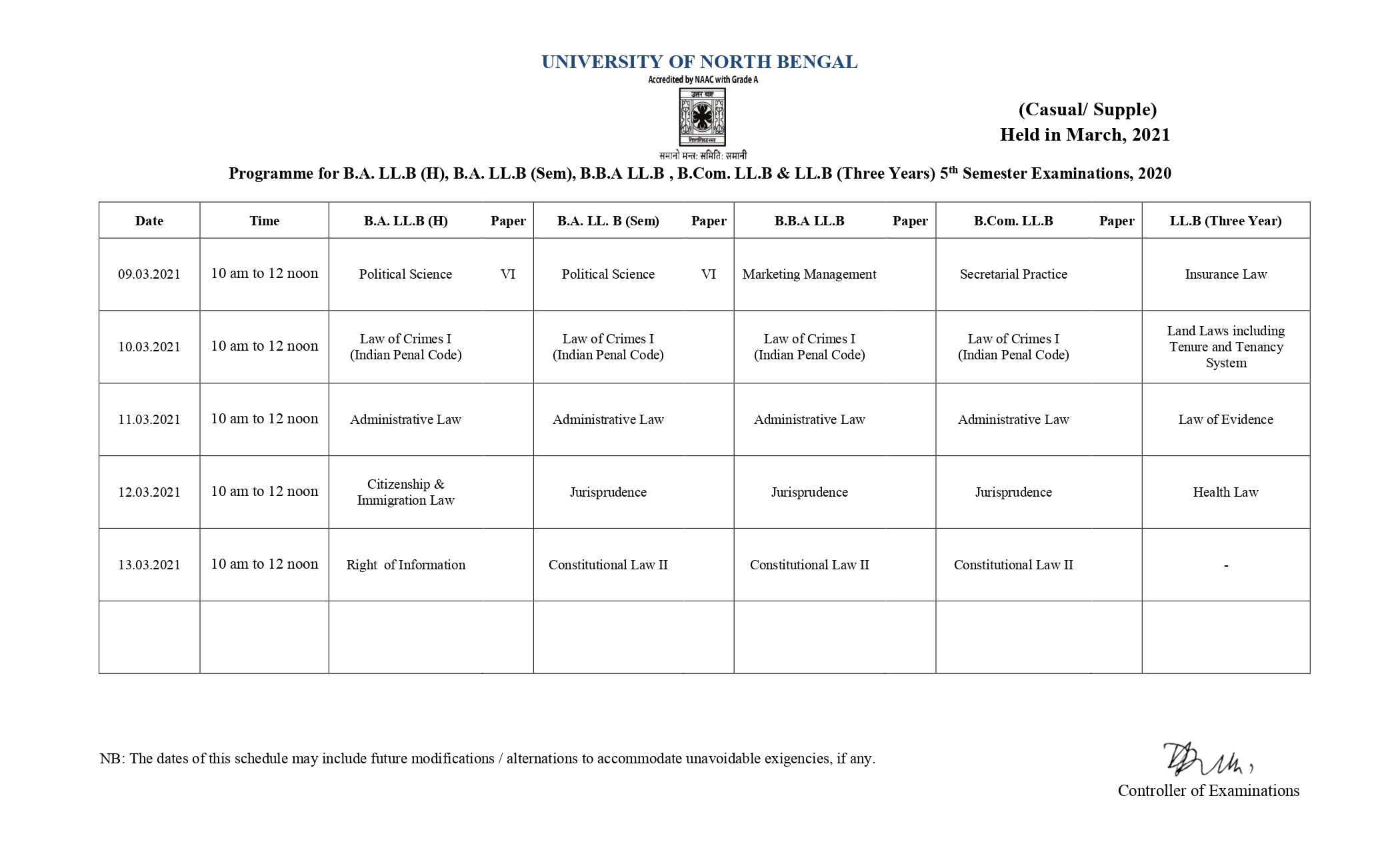 EXAMINATION (MARCH-21) SCHEDULE NON-CBCS MODE SEMESTER-V