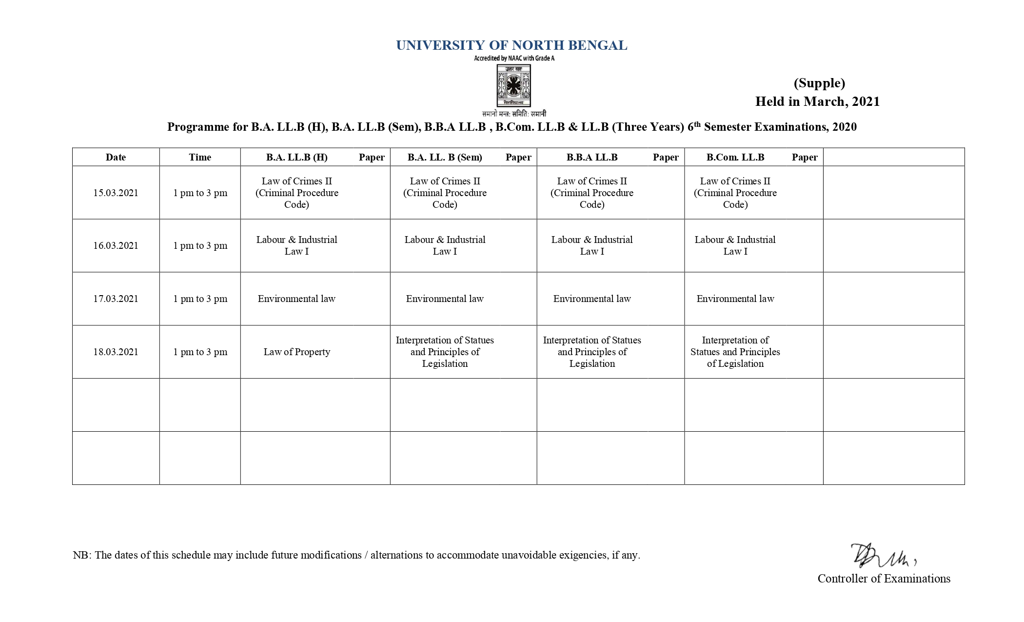 EXAMINATION (MARCH-21) SCHEDULE NON-CBCS MODE SEMESTER-VI