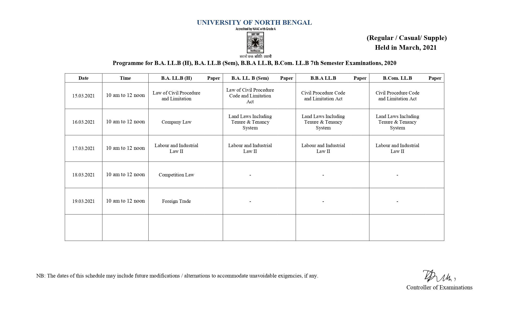 EXAMINATION (MARCH-21) SCHEDULE NON-CBCS MODE SEMESTER-VII