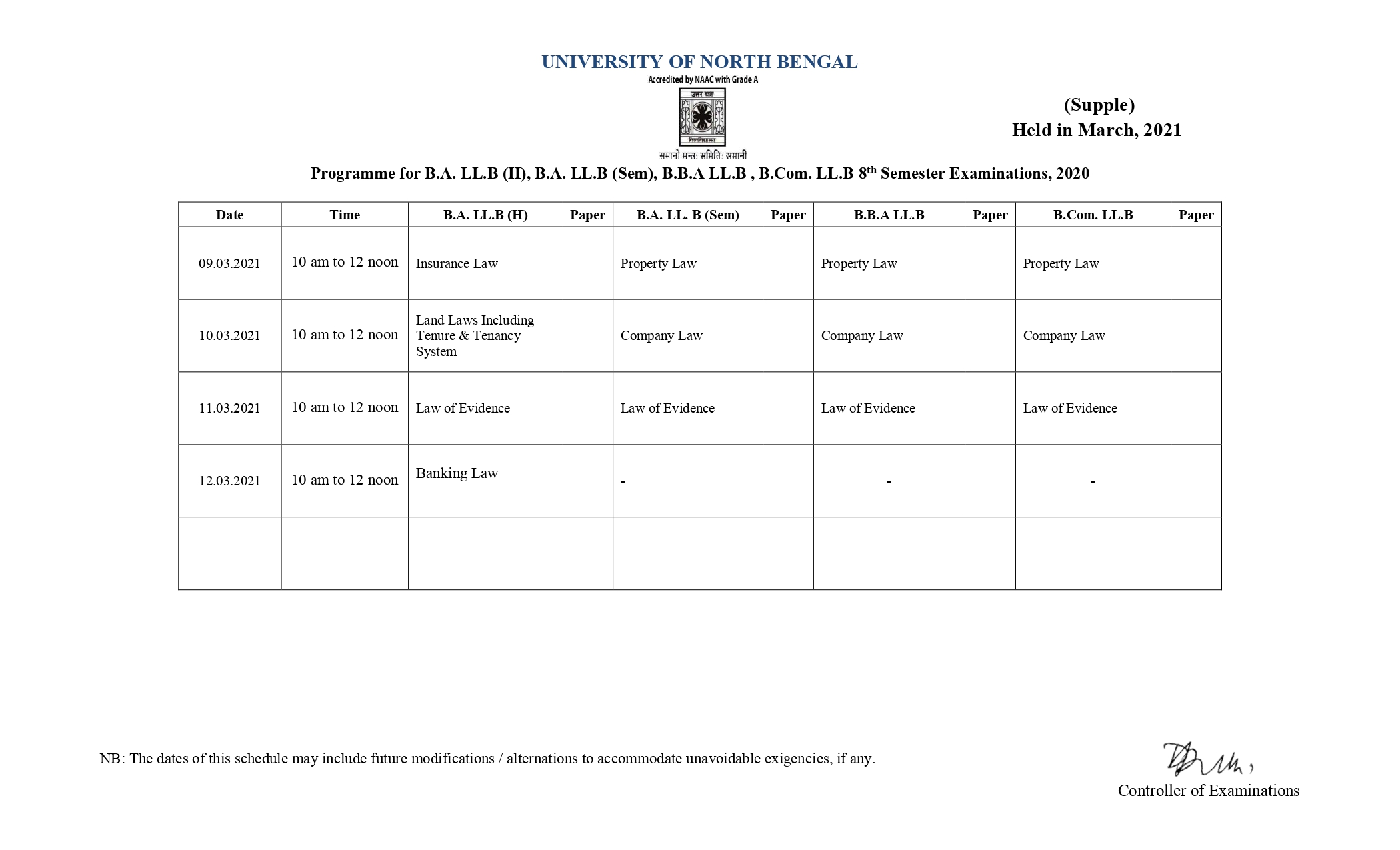 EXAMINATION (MARCH-21) SCHEDULE NON-CBCS MODE SEMESTER-VIII