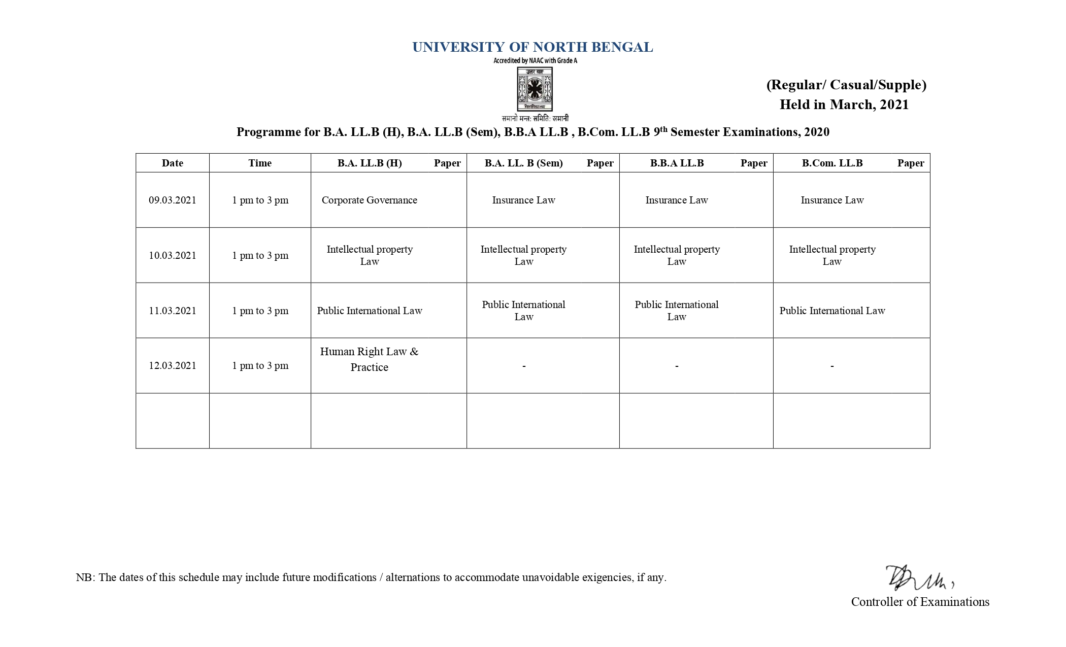 EXAMINATION (MARCH-21) SCHEDULE NON-CBCS MODE SEMESTER-IX