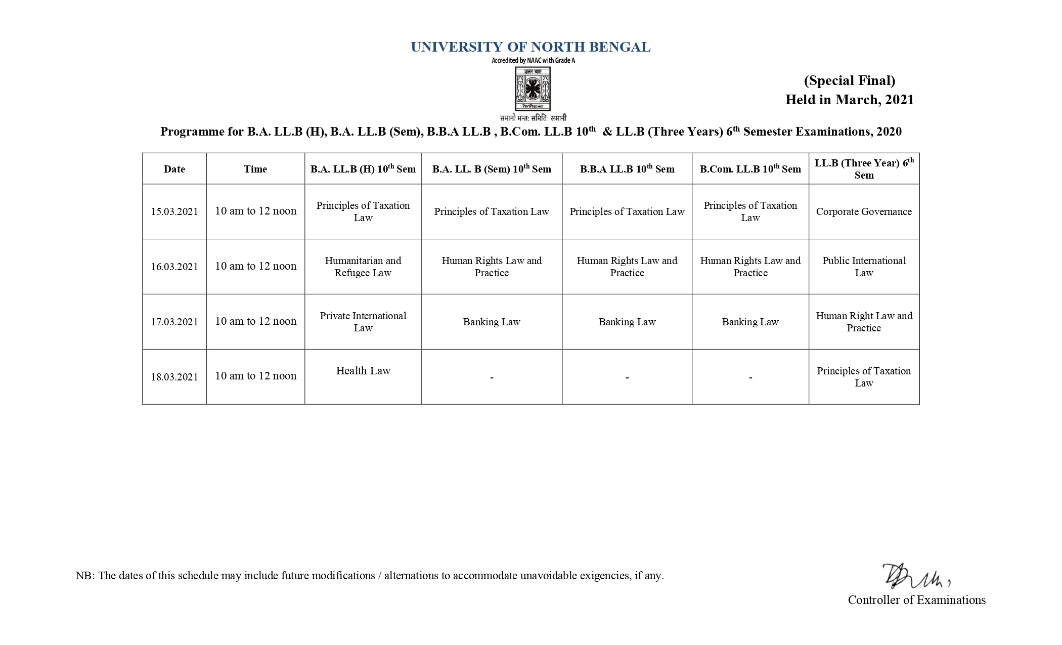 EXAMINATION (MARCH-21) SCHEDULE NON-CBCS MODE SEMESTER-X