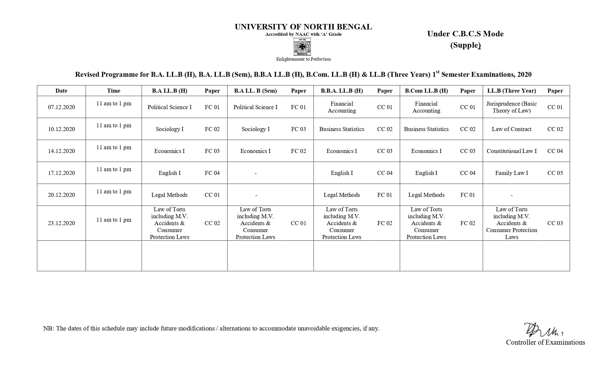 NBU REVISED ROUTINE 03-12-2020 CBCS 1st SEMESTER