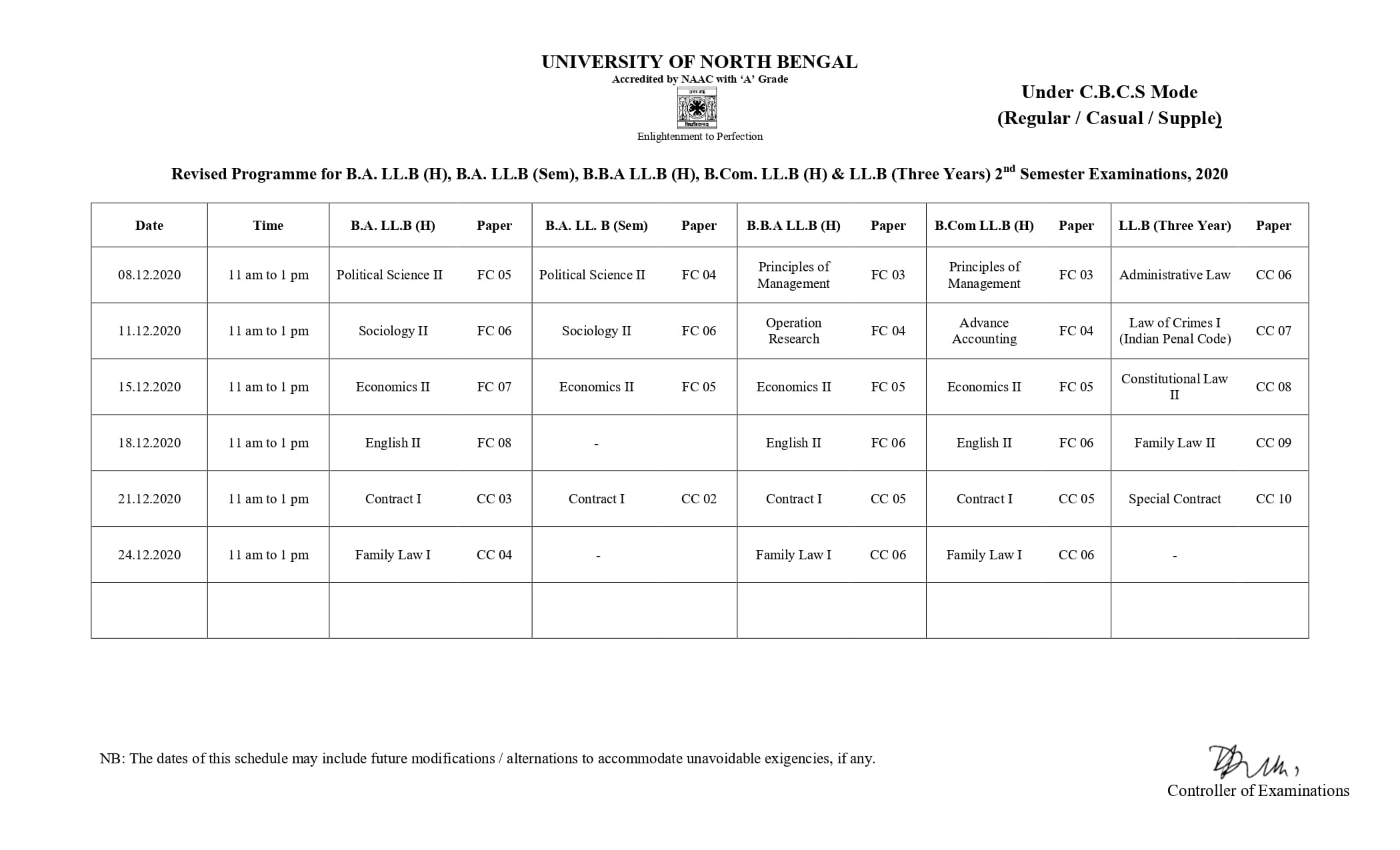 NBU REVISED ROUTINE 03-12-2020 CBCS 2nd SEMESTER