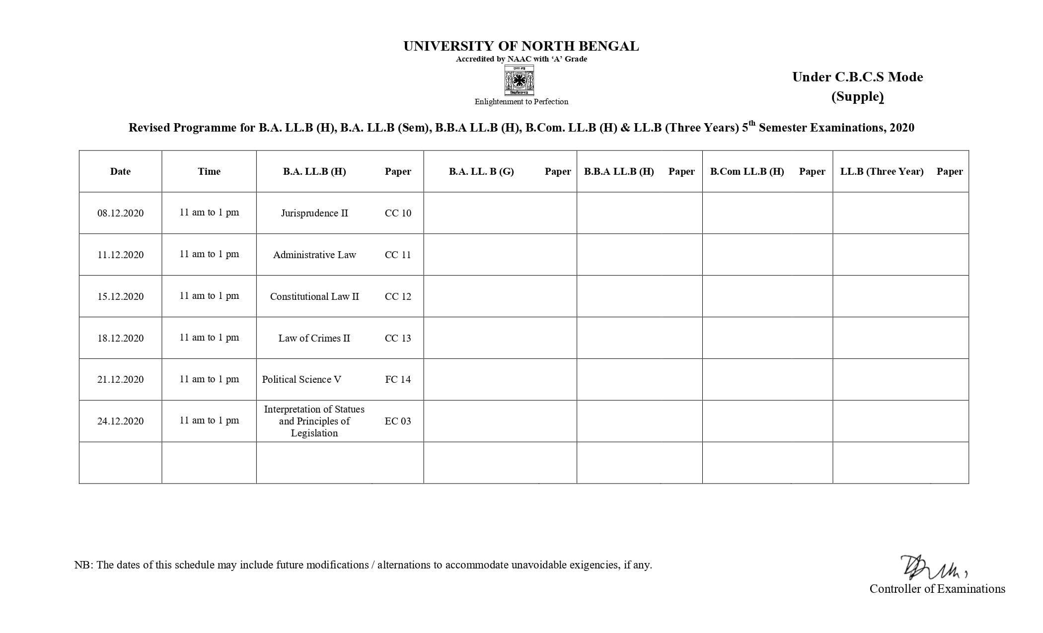 NBU REVISED ROUTINE 03-12-2020 CBCS 5th SEMESTER