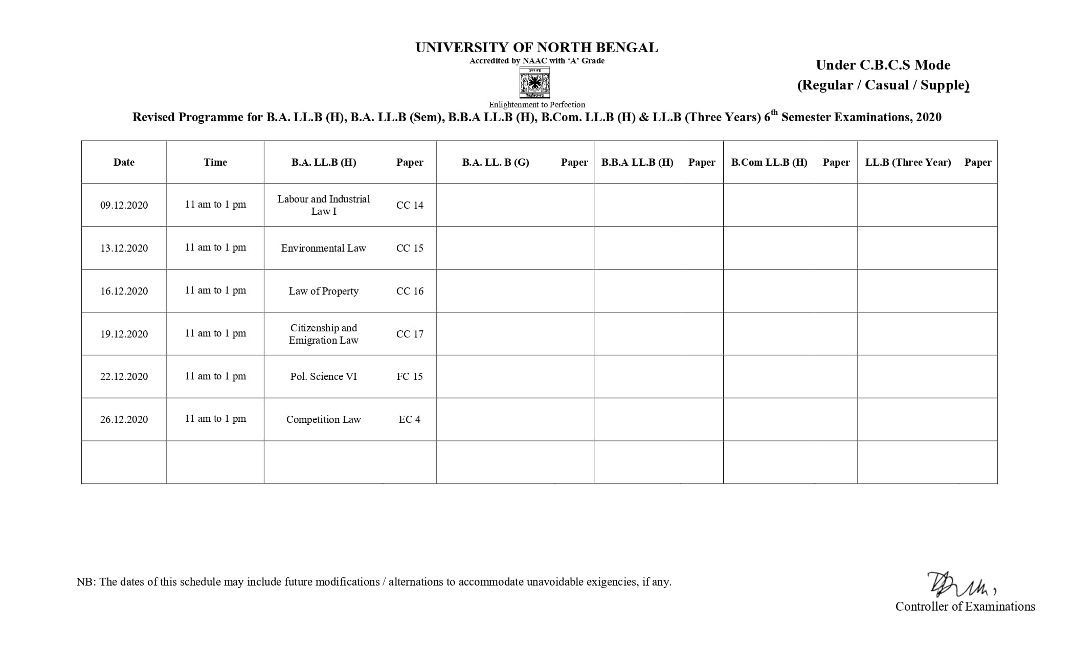 NBU REVISED ROUTINE 03-12-2020 CBCS 6th SEMESTER