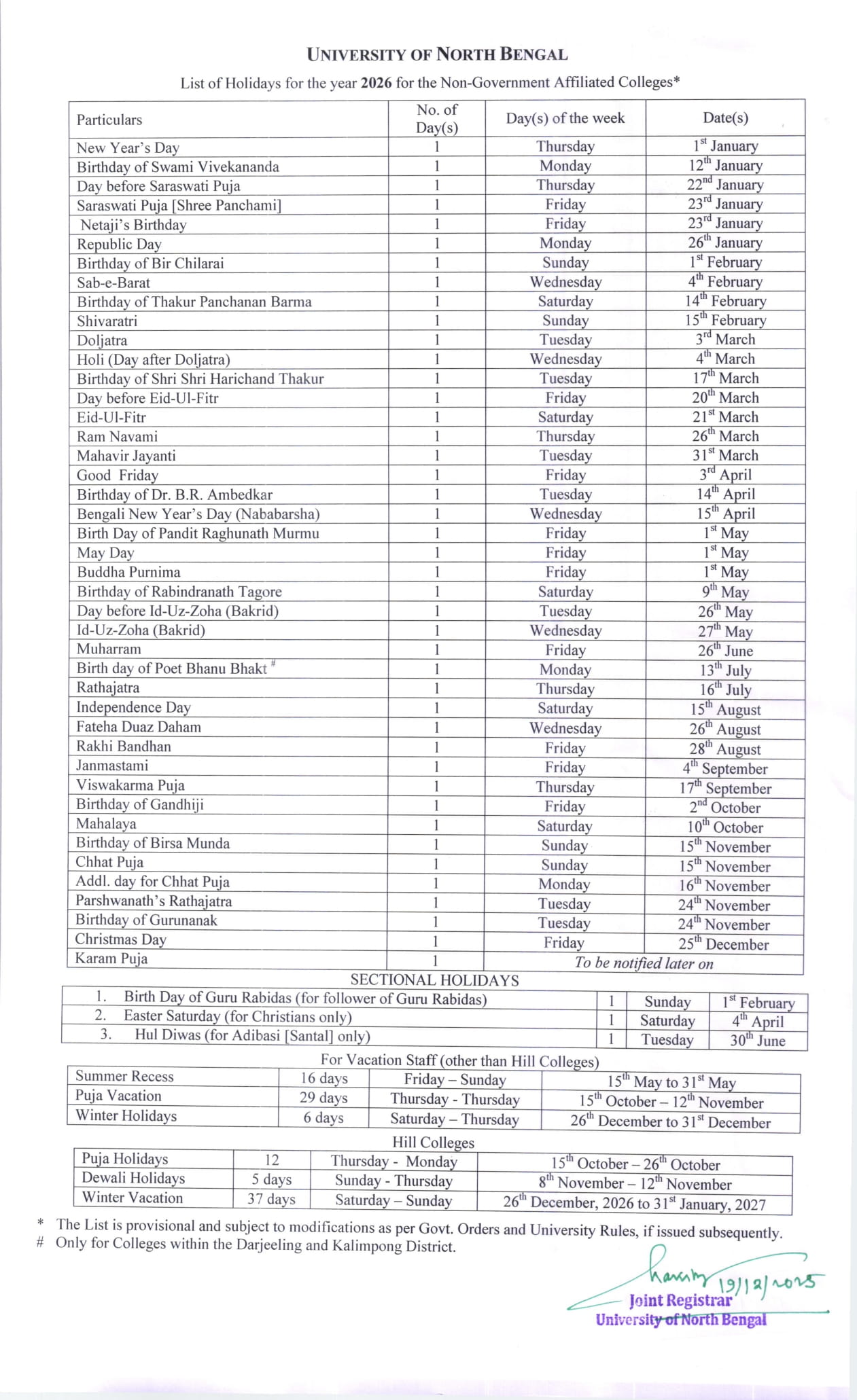 Holiday list (2026)