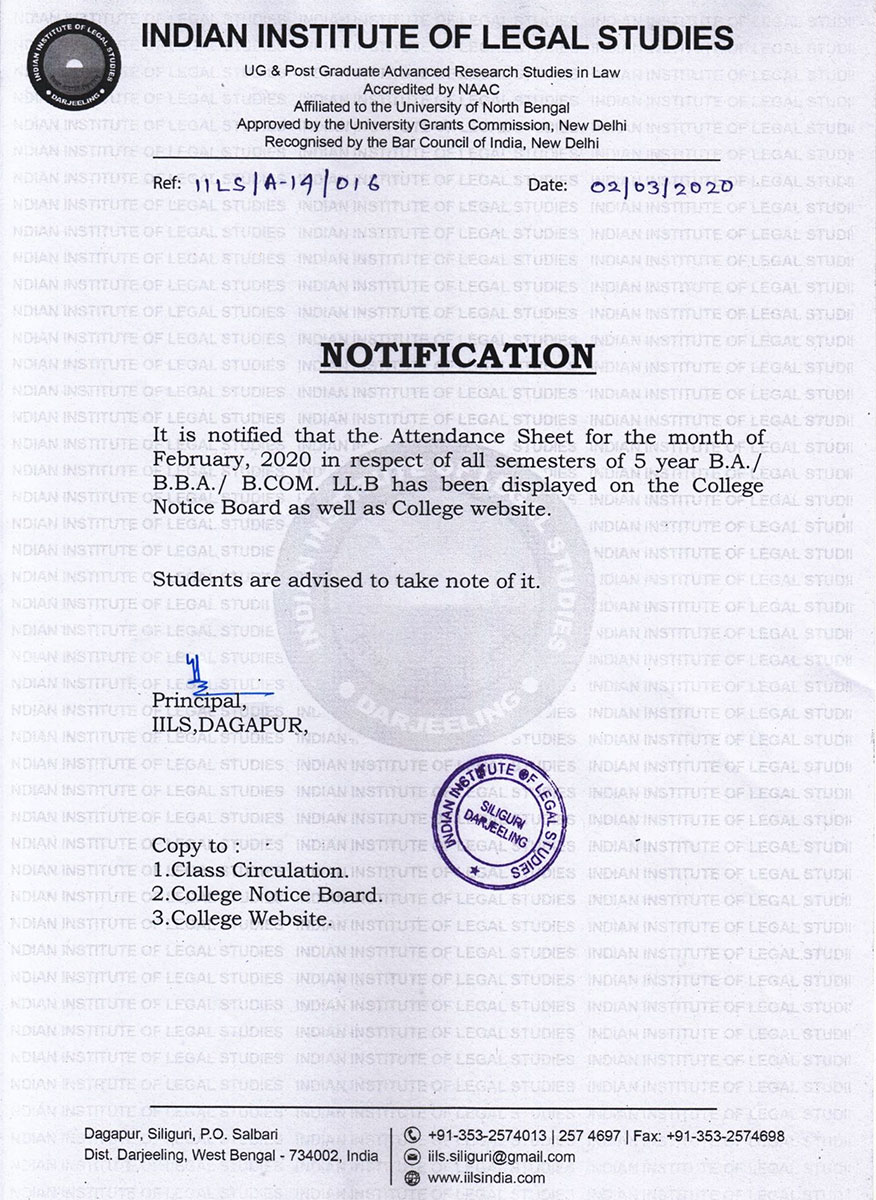 Notice for Attendance Feb, 2020 Published