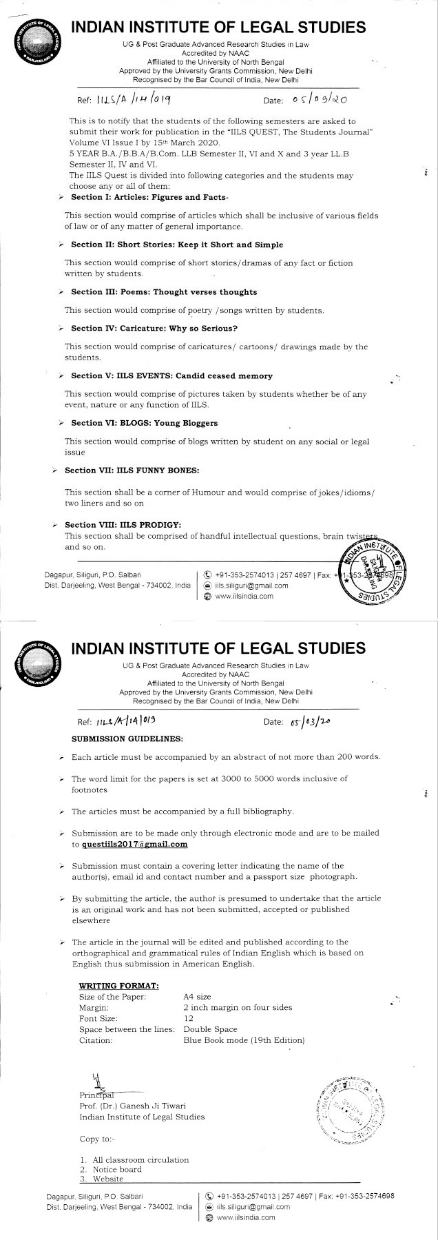 Notice for Indian Institute of Legal Studies Quest 2020 Work Submission