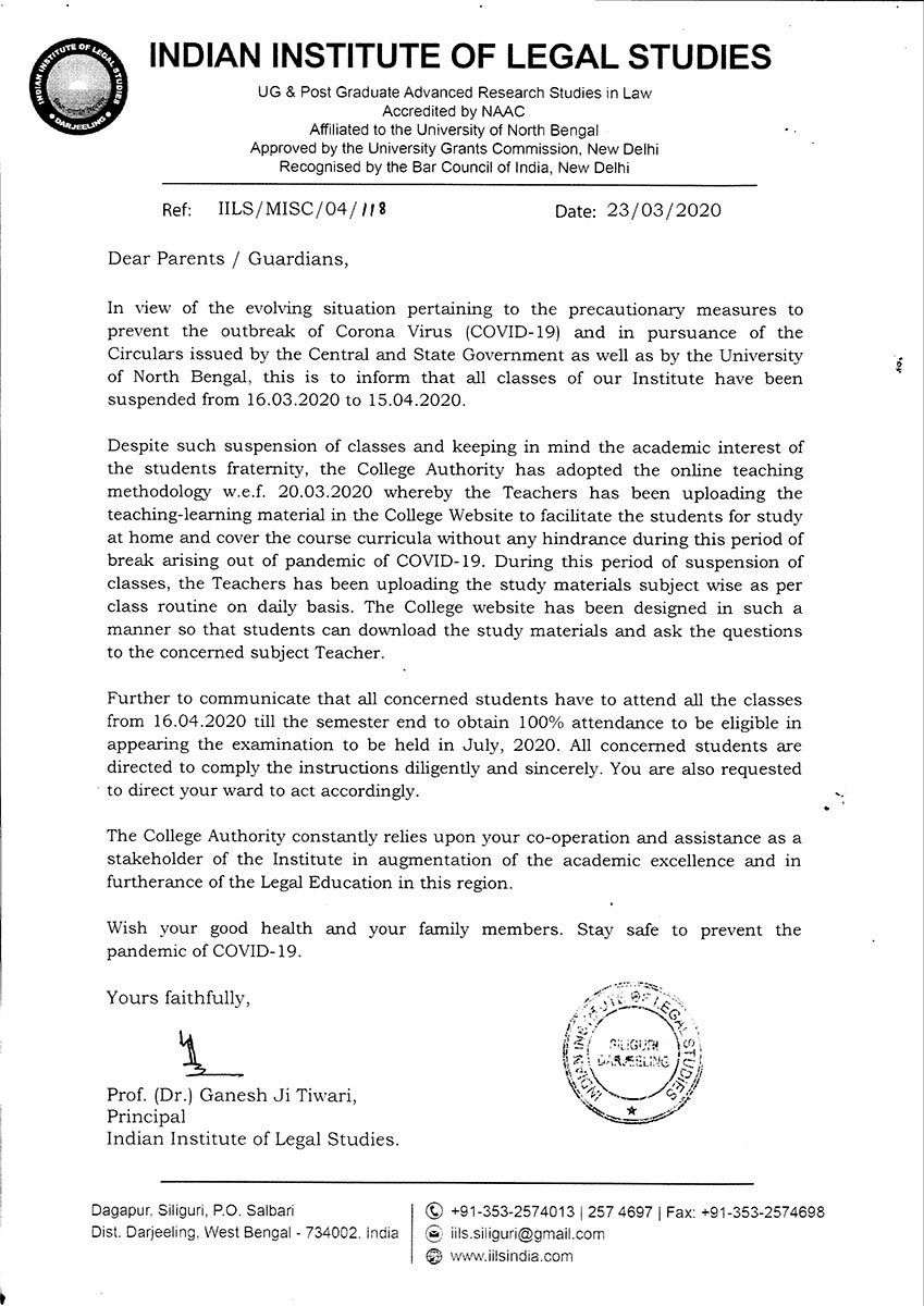 Notice to Guardians for Class Suspension due to COVID-19 outbreak