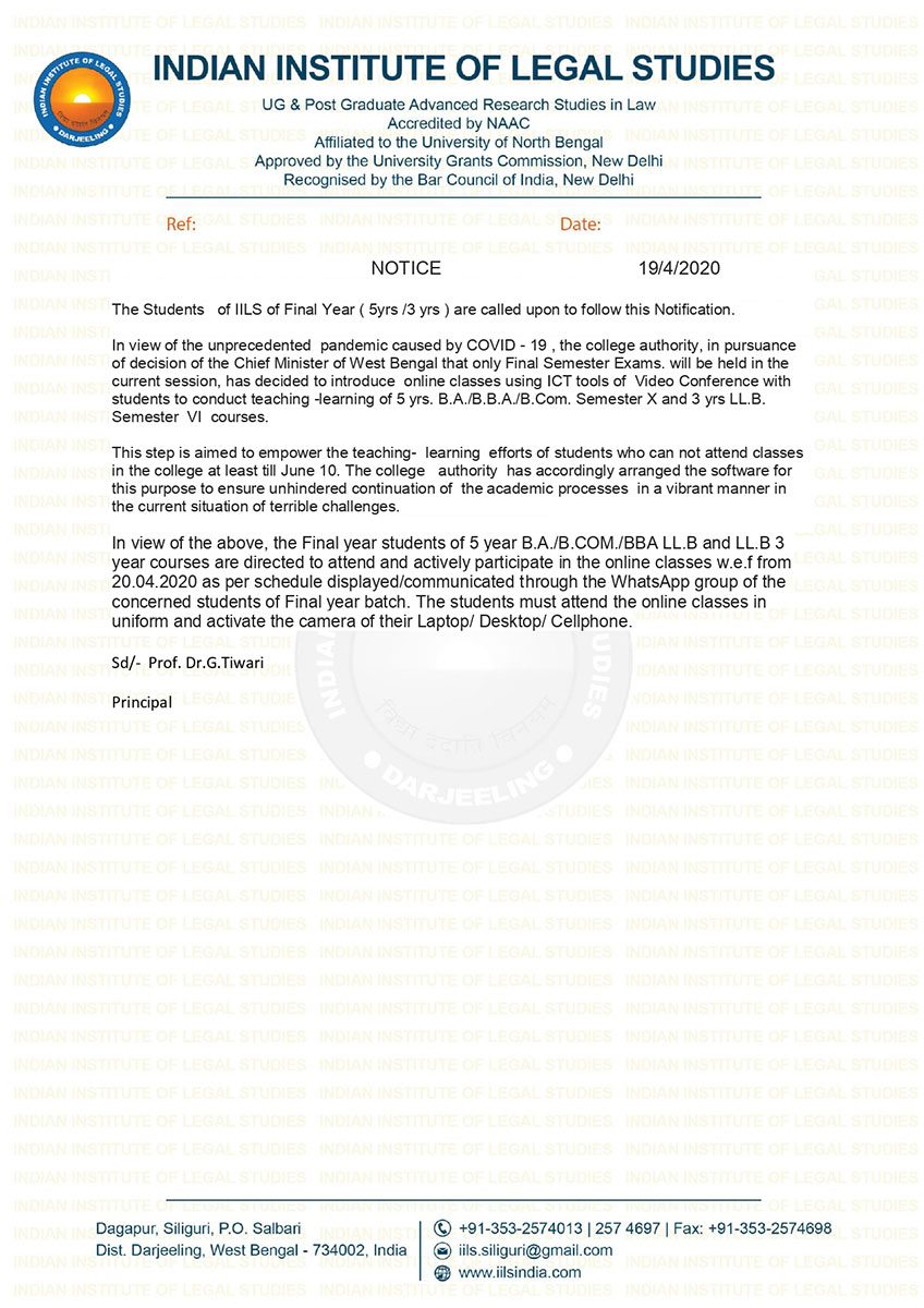 Notice for Online Classes from 20-04-2020