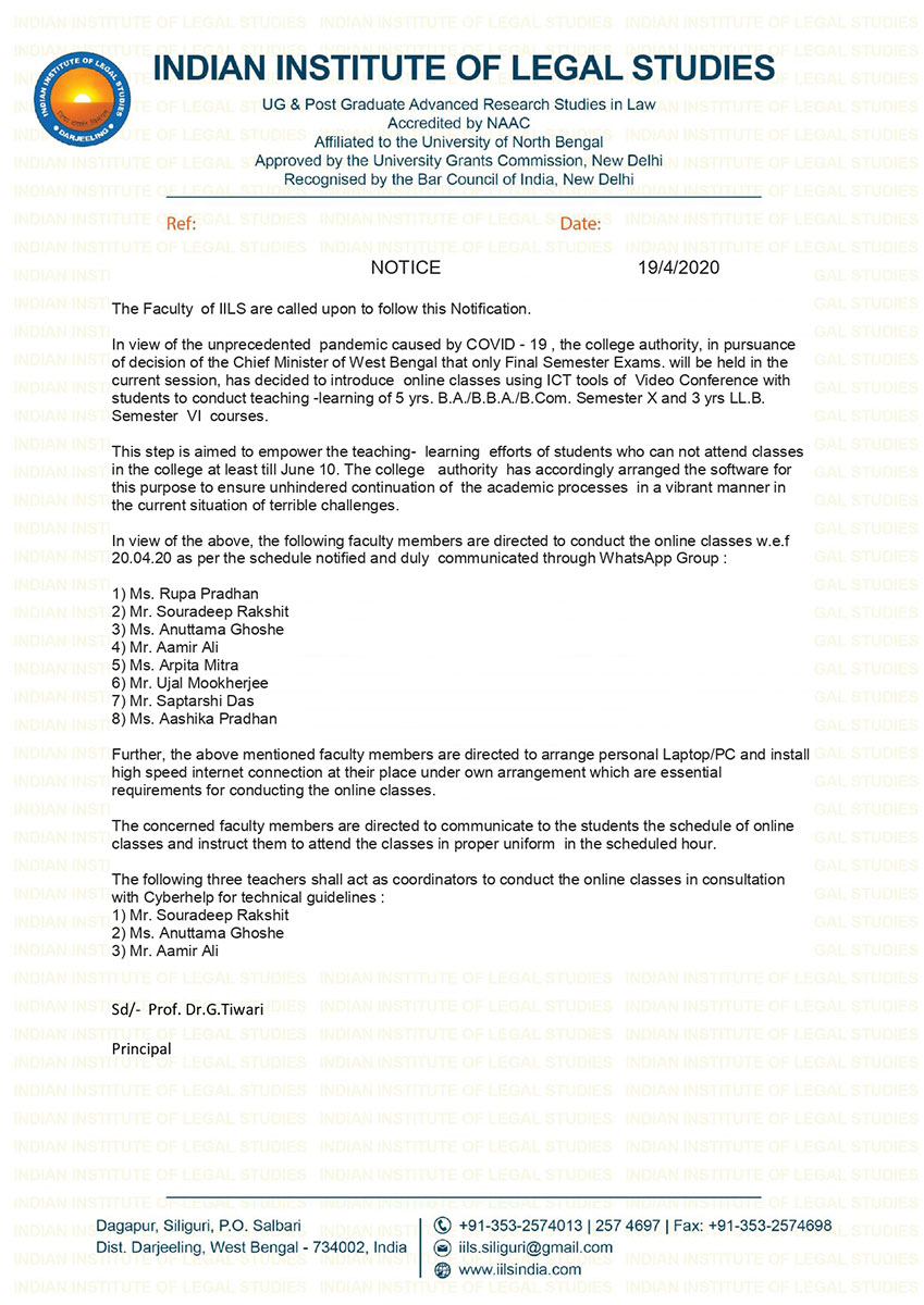 Notice for Faculties about Online Classes from 20-04-2020