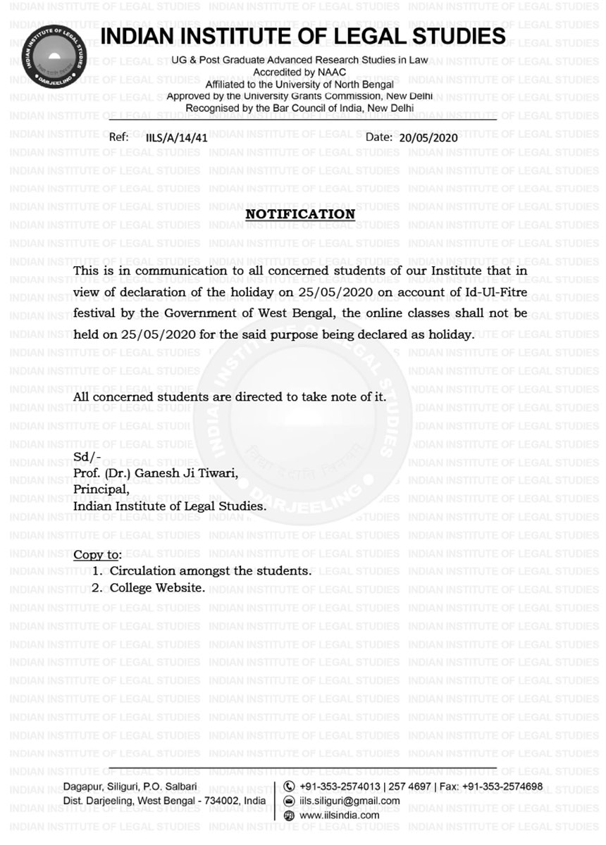 Notice regarding Id-Ul-Fitre Festival Holiday