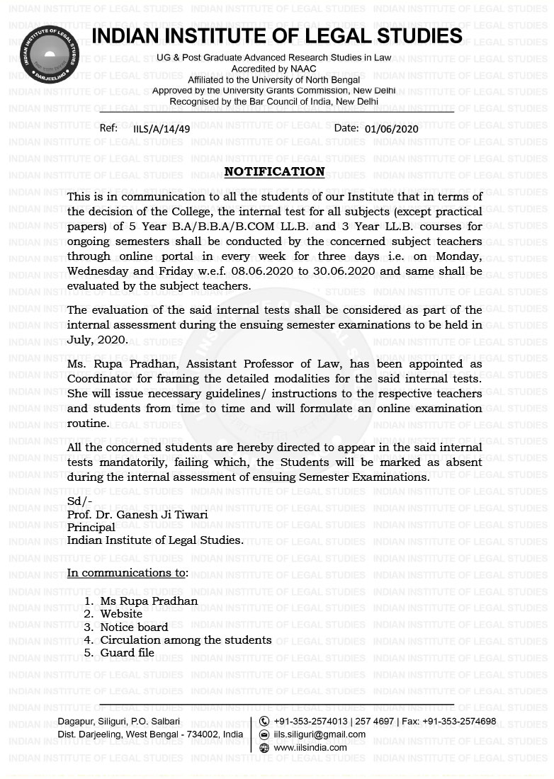 Notice regarding internal test