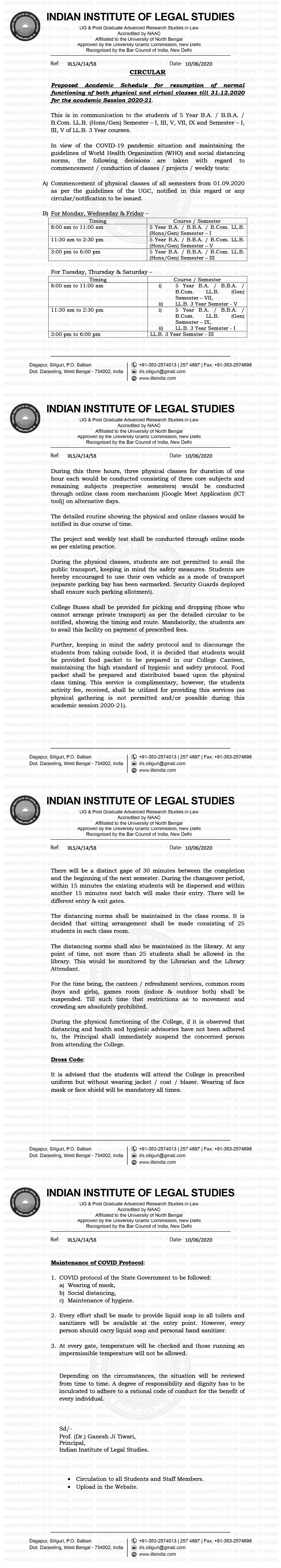 Notice regarding academic schedule