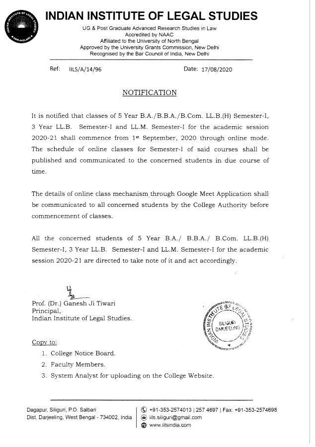 Notice regarding online classes