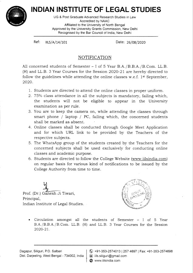 Notice Regarding Academic Session 2020-21 Online Classes