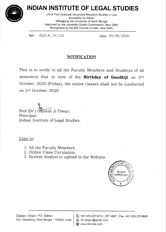 Notification for Gandhi Jayanti