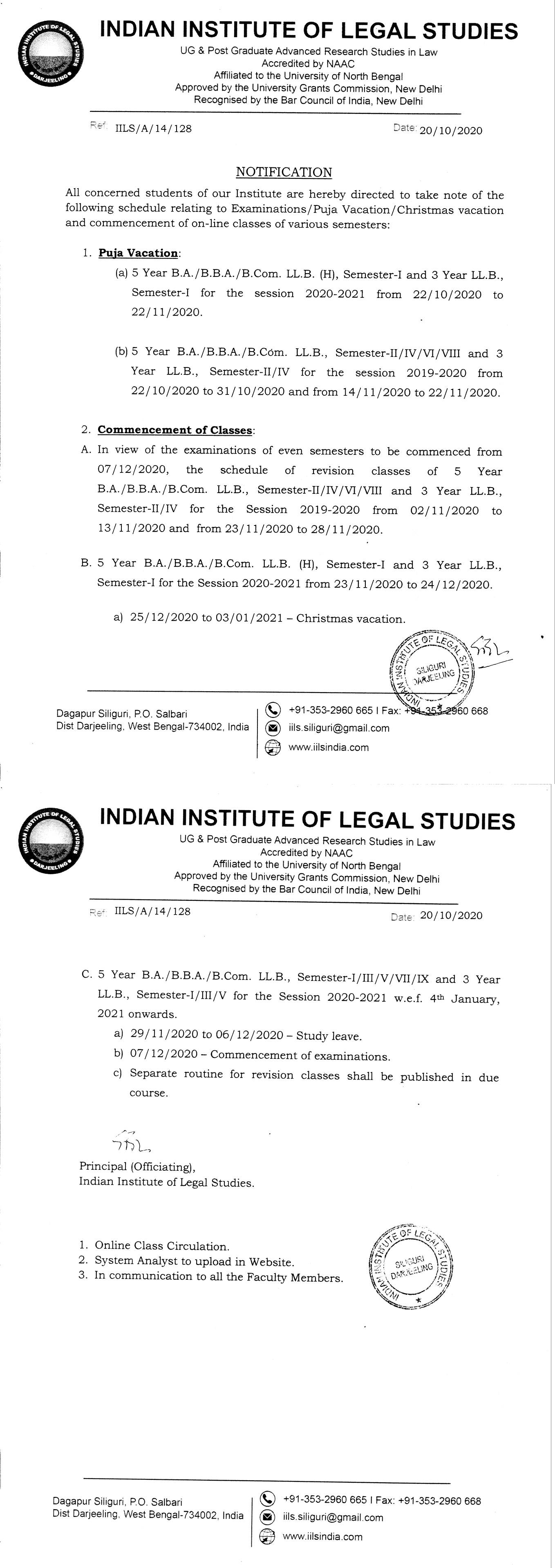 Notice relating to Examinations/Puja Vacation/Christmas vacation and commencement of on-line classes of various semesters.