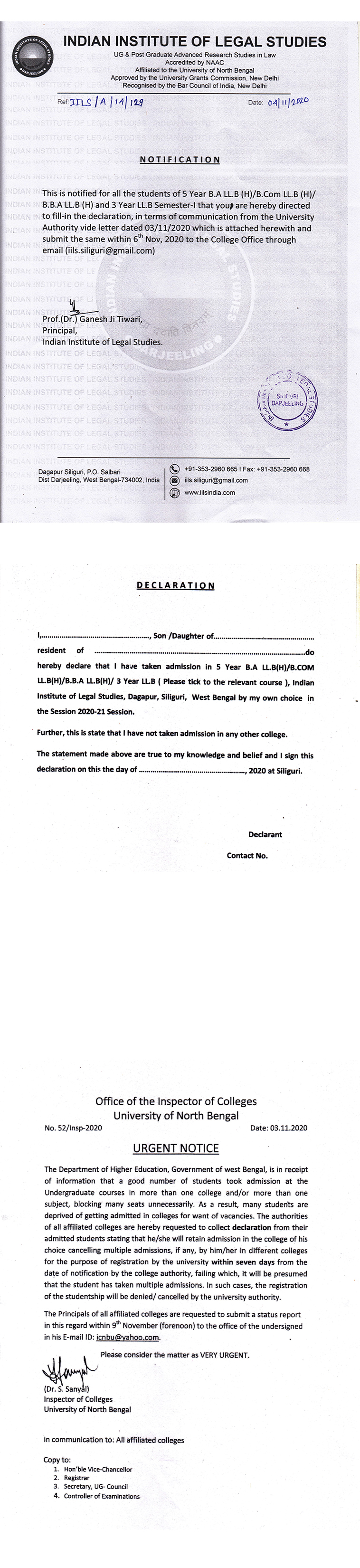 Urgent Notice regarding Declaration Fill-in