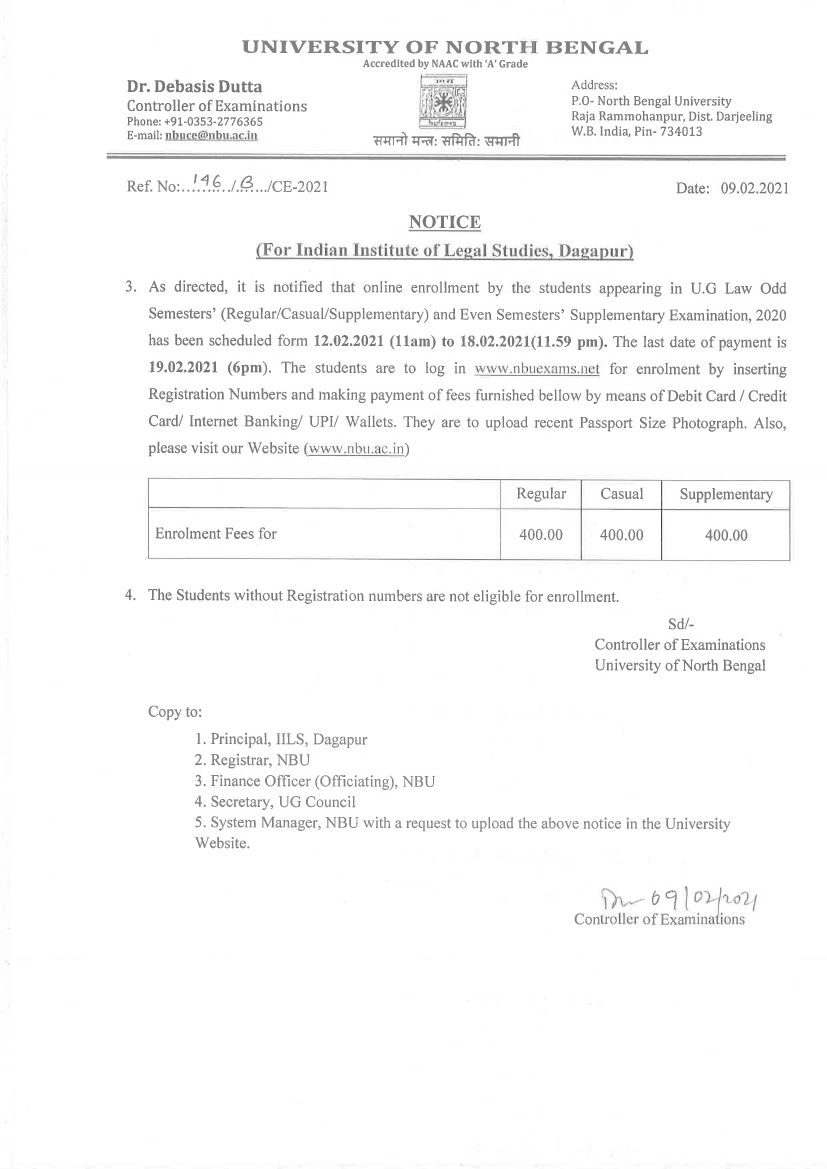 ENROLLMENT FOR UG EXAMINATION