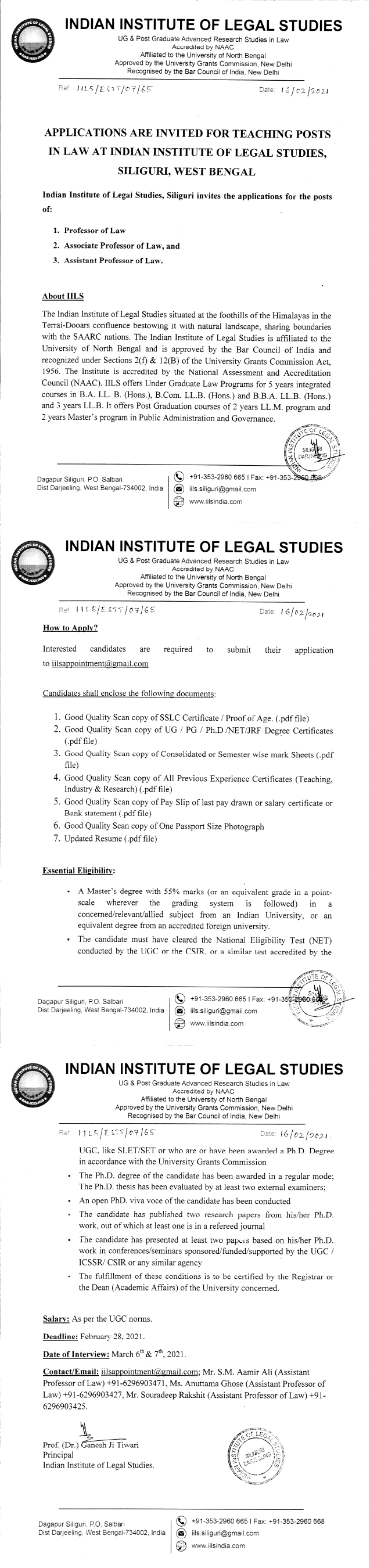 ADVERTISEMENT FOR APPOINTMENT OF PROFESSOR OF LAW