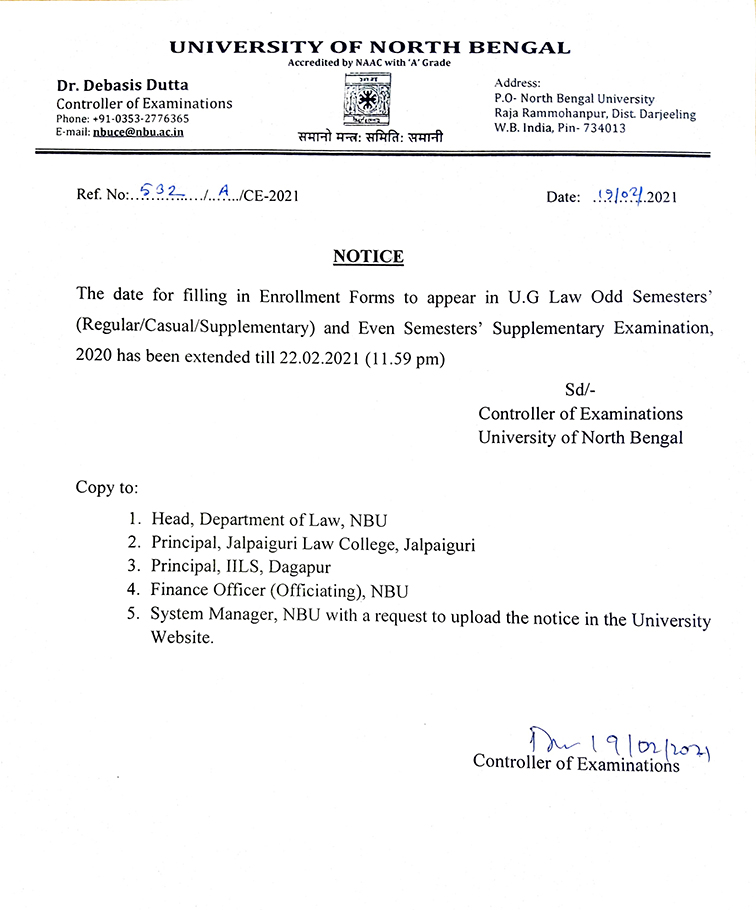 NOTIFICATION FOR EXAMINATION REGISTRATION