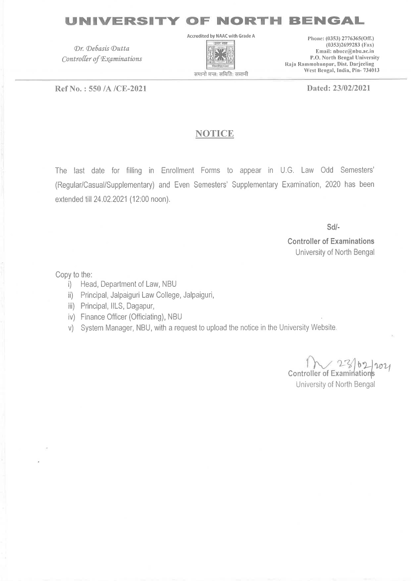 Notice regarding extension of date for filling in Enrollment Forms