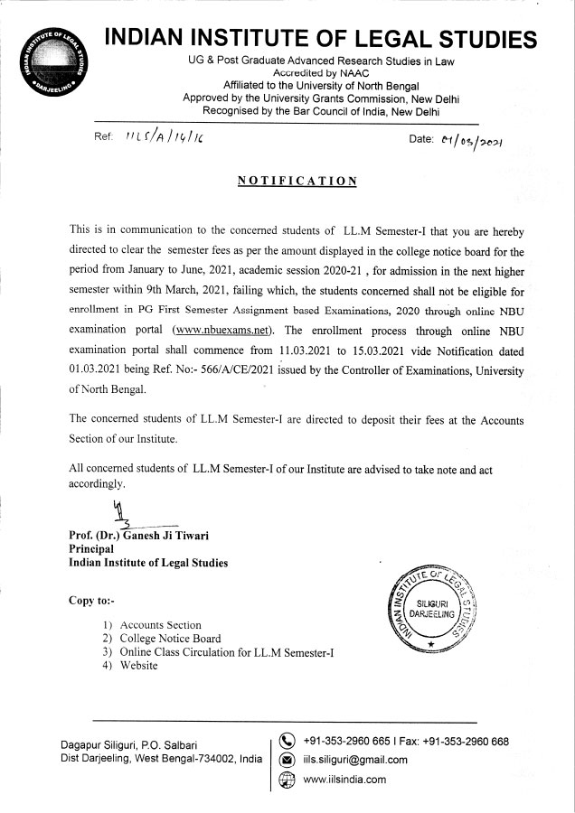 Notice regarding semester fees for LL.M Semester-I