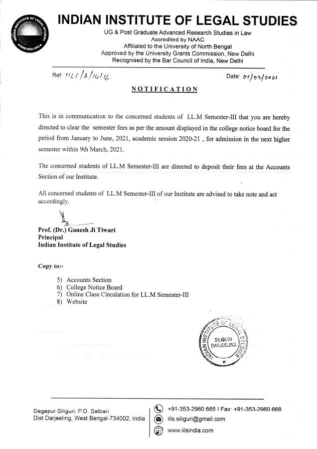 Notice regarding semester fees for LL.M Semester-III