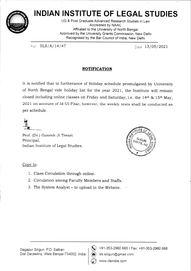 Notice Regarding Id-Ul-Fitar Holiday