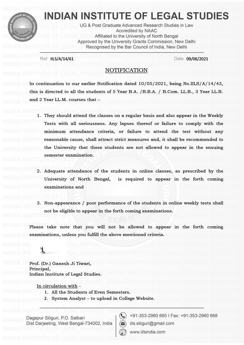 Notice for Attendance & Weekly Tests