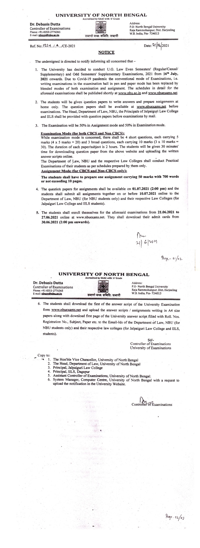 Notice Regarding Examination