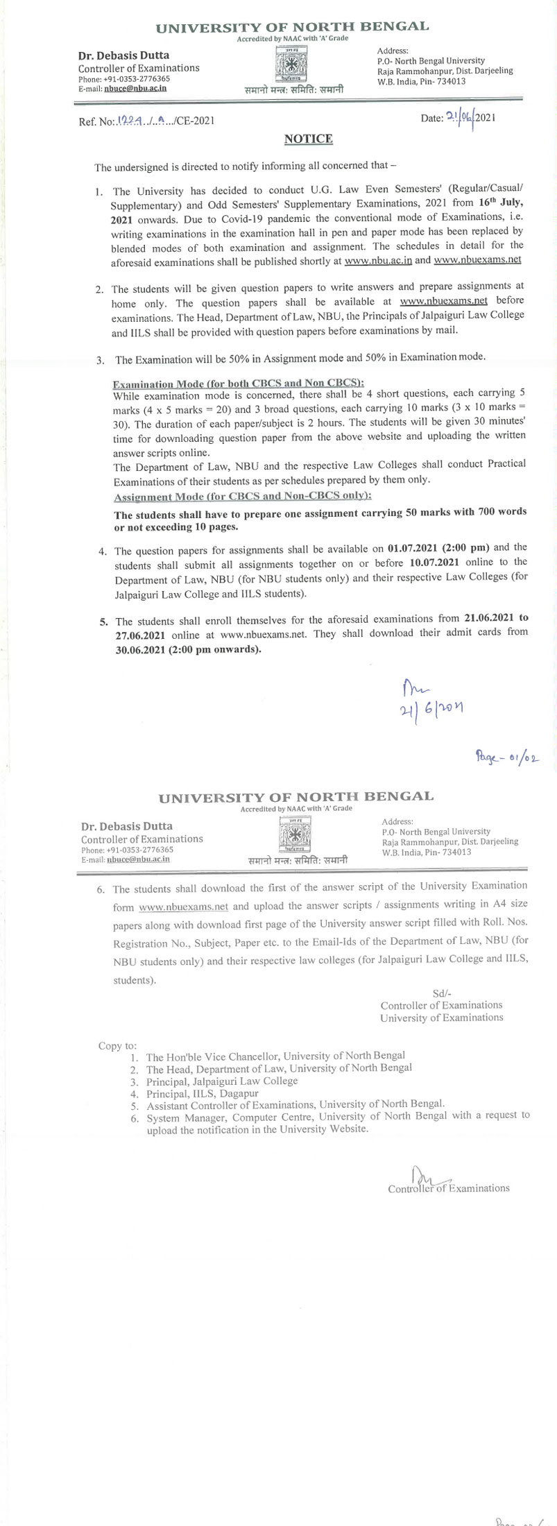 Notice Regarding Examination